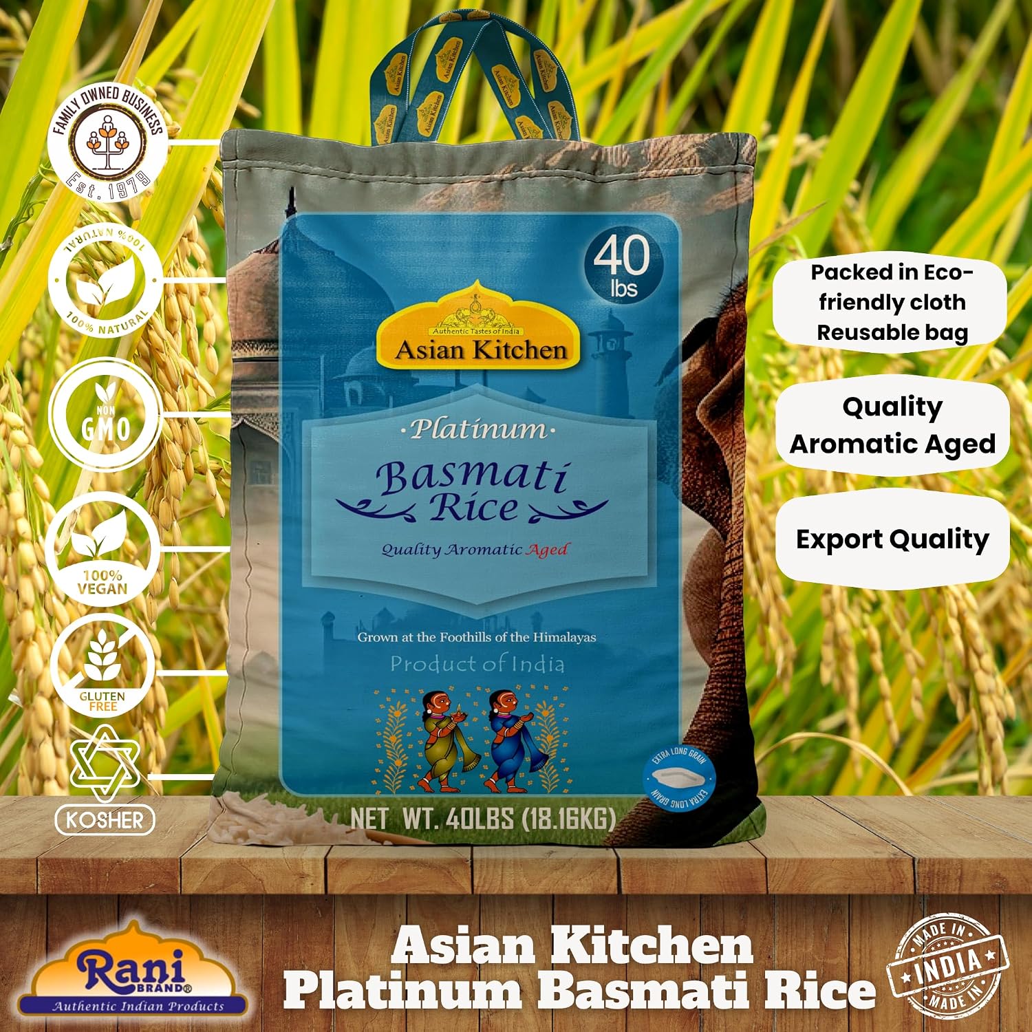 Asian Kitchen Platinum White Basmati Rice Extra Long Aged 20lbs (9.08kg) ~ All Natural | Gluten Friendly | Vegan | Indian Origin | Export Quality
