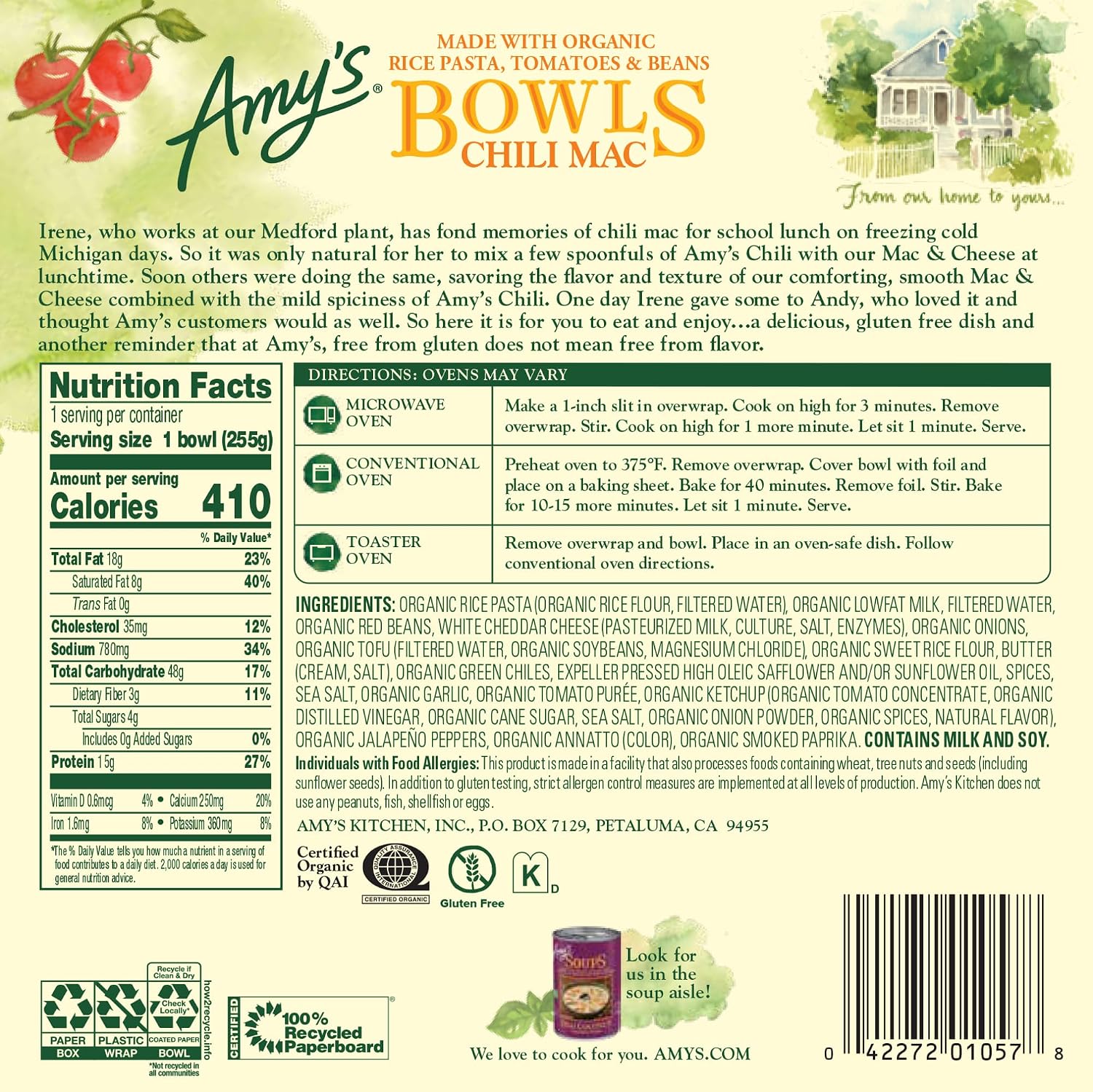 Amy's Frozen Meals, Chili Mac and Cheese Pasta Bowl, 9 oz