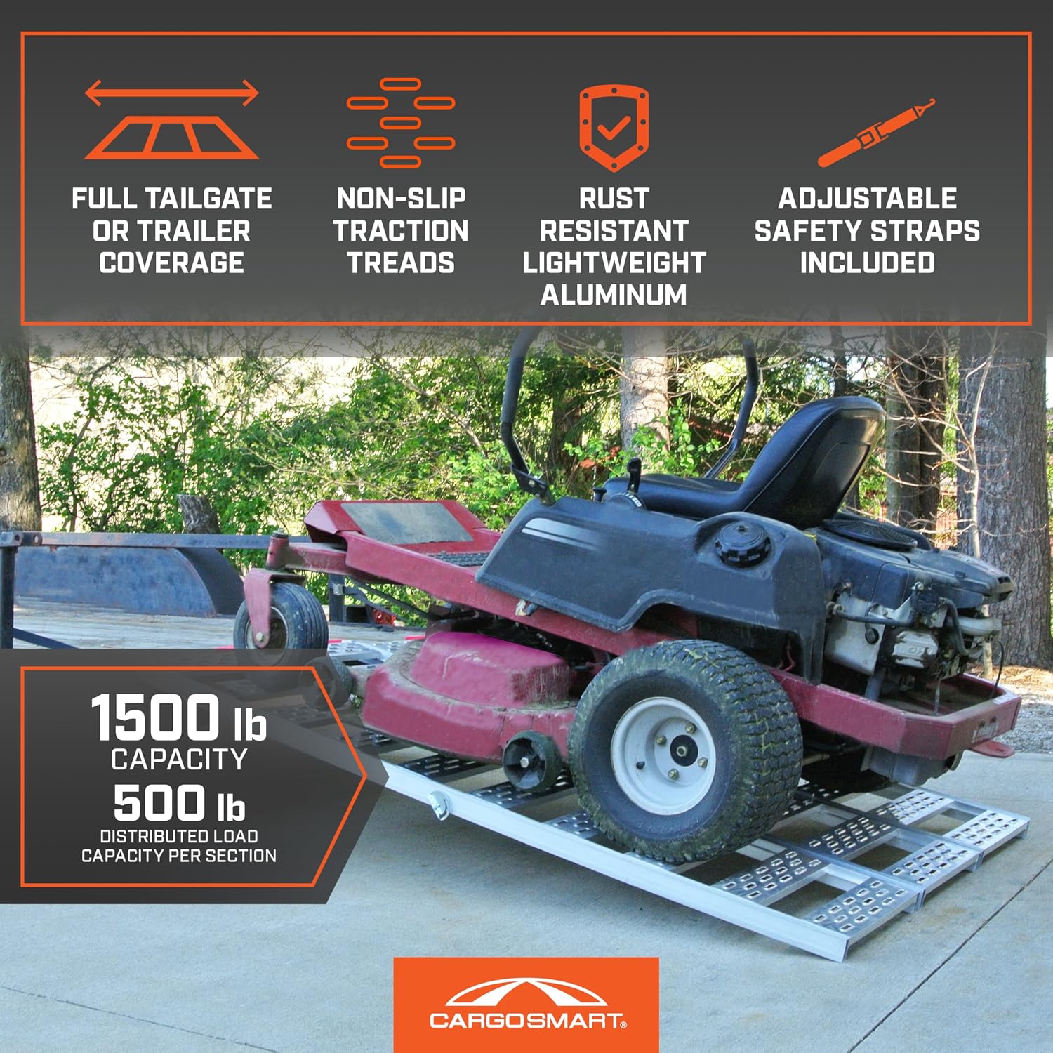 Aluminum Tri-Fold Ramp with Treads, 1 Pack — 1, 500lb Capacity/500lb per Section, 50” W x 76” L — Easily and Safely Load or Unload Push Mowers
