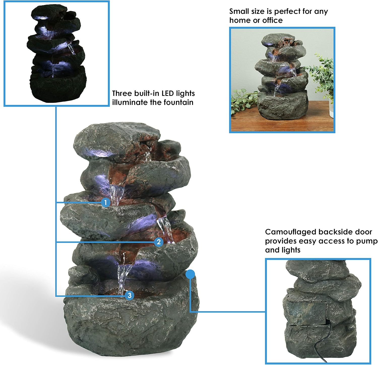 Sunnydaze 10" 5-Step Tabletop Water Fountain with LED Lights, Stacked Rocks | Rock Water Fountain with Calm Sounds for Meditation
