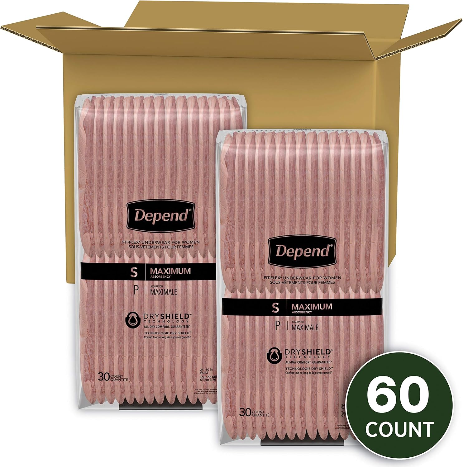 Depend FIT-FLEX Incontinence Underwear for Women, Disposable, Maximum Absorbency, Large, Blush, 52 Count (2 Packs of 26) (Packaging May Vary)