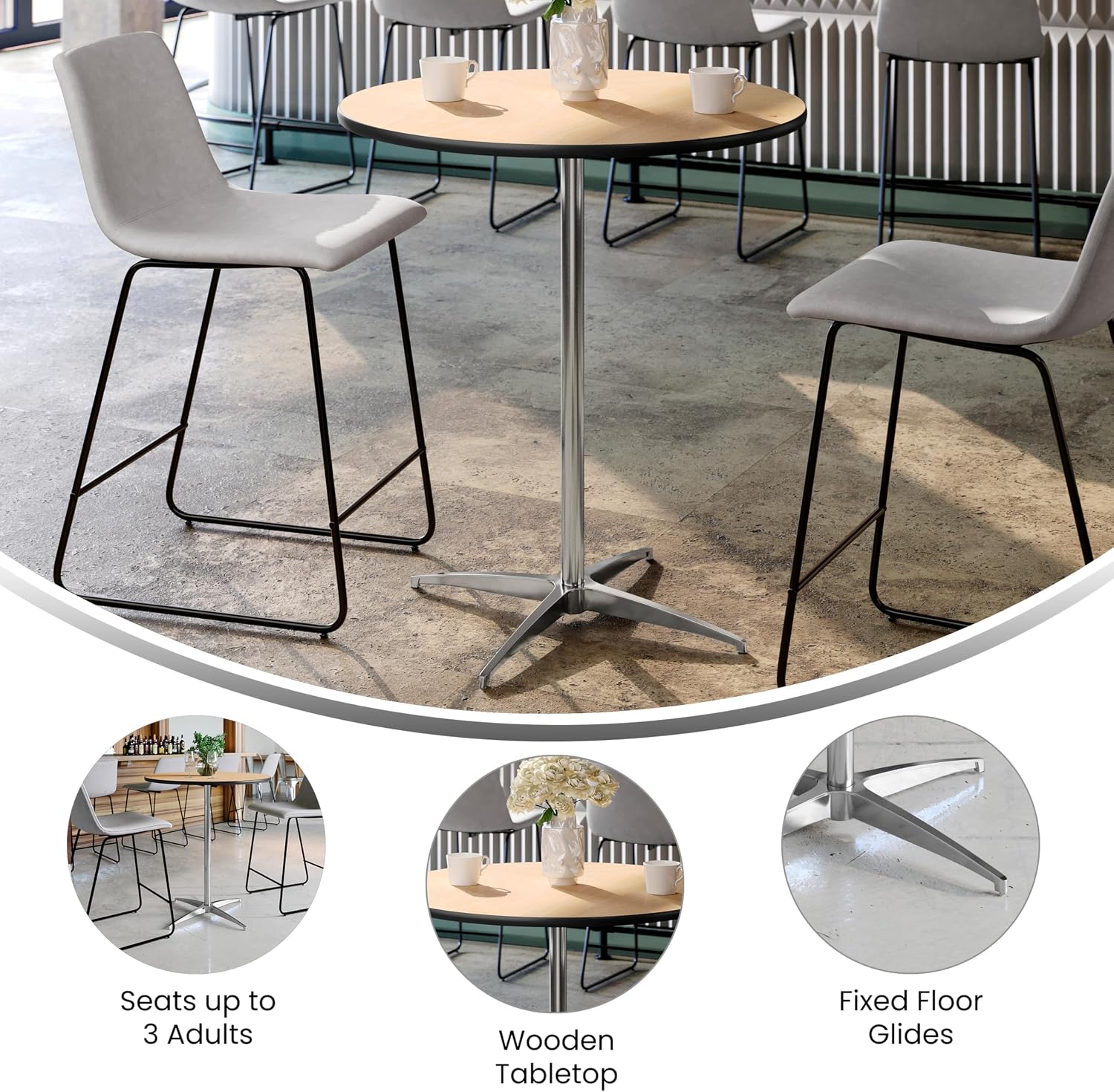 Flash Furniture Lars 24" Round Wood Cocktail Table with 30" and 42" Adjustable Columns, Adjustable Bar Height, for Events or Home Use