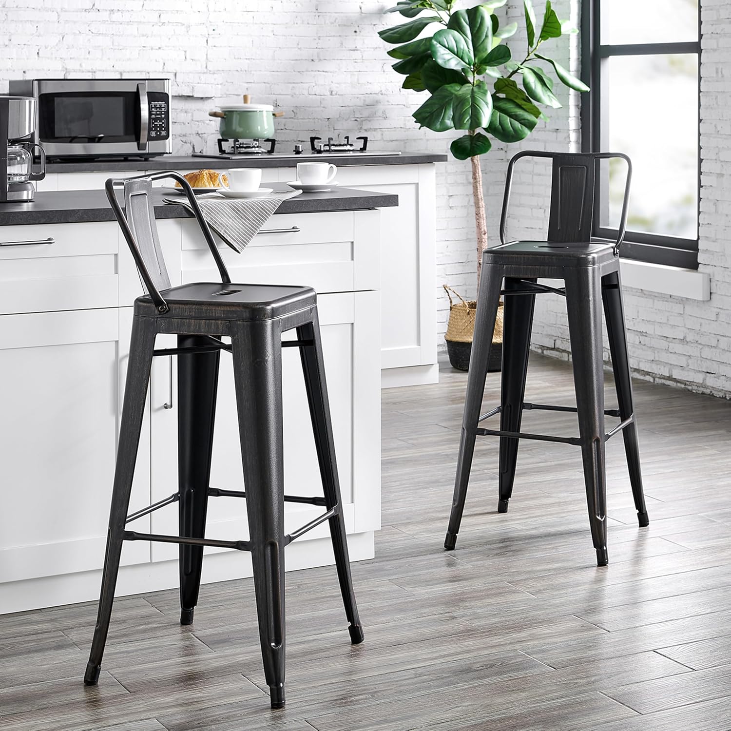AC Pacific 30” Metal Barstool Set of 2 – Country Rustic Style with Low Back, Lightweight & Sturdy Build, Easy Assembly – Matte Black