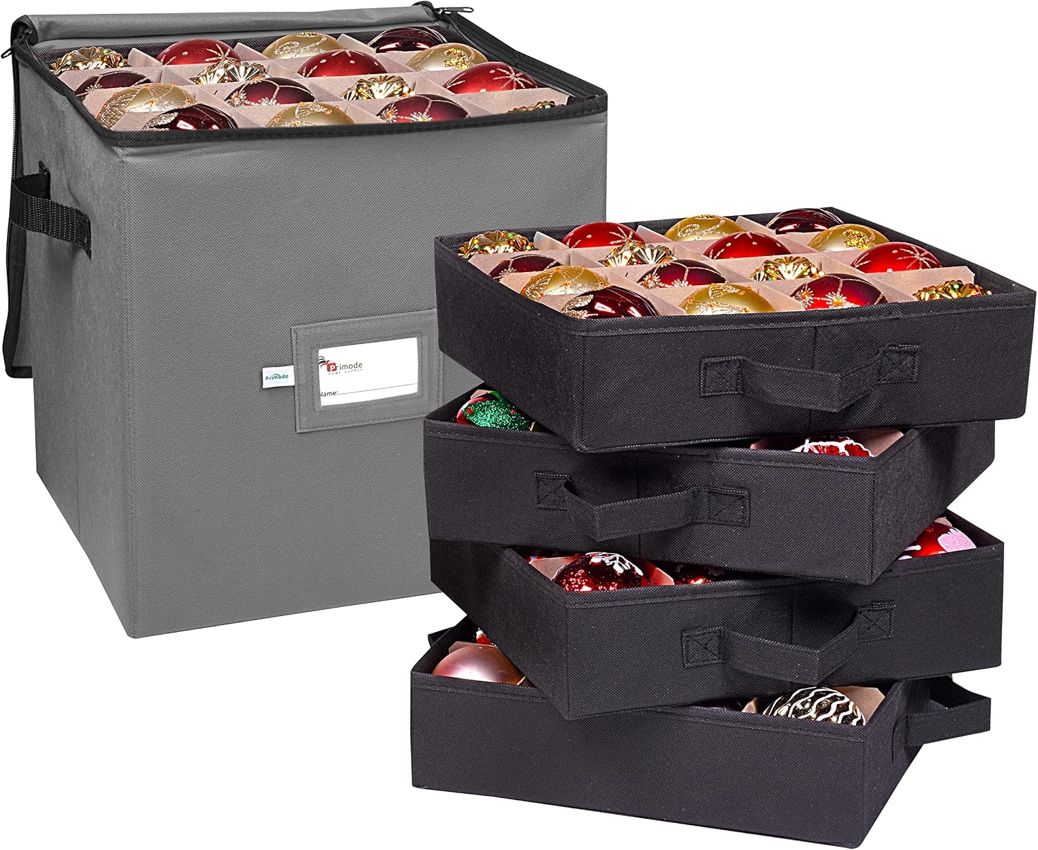 Christmas Ornament Storage Box, 4 Individual Trays Xmas Storage Container, Fits 64 Ornaments Decoration Balls, Constructed of Durable Polyester Material (Red)