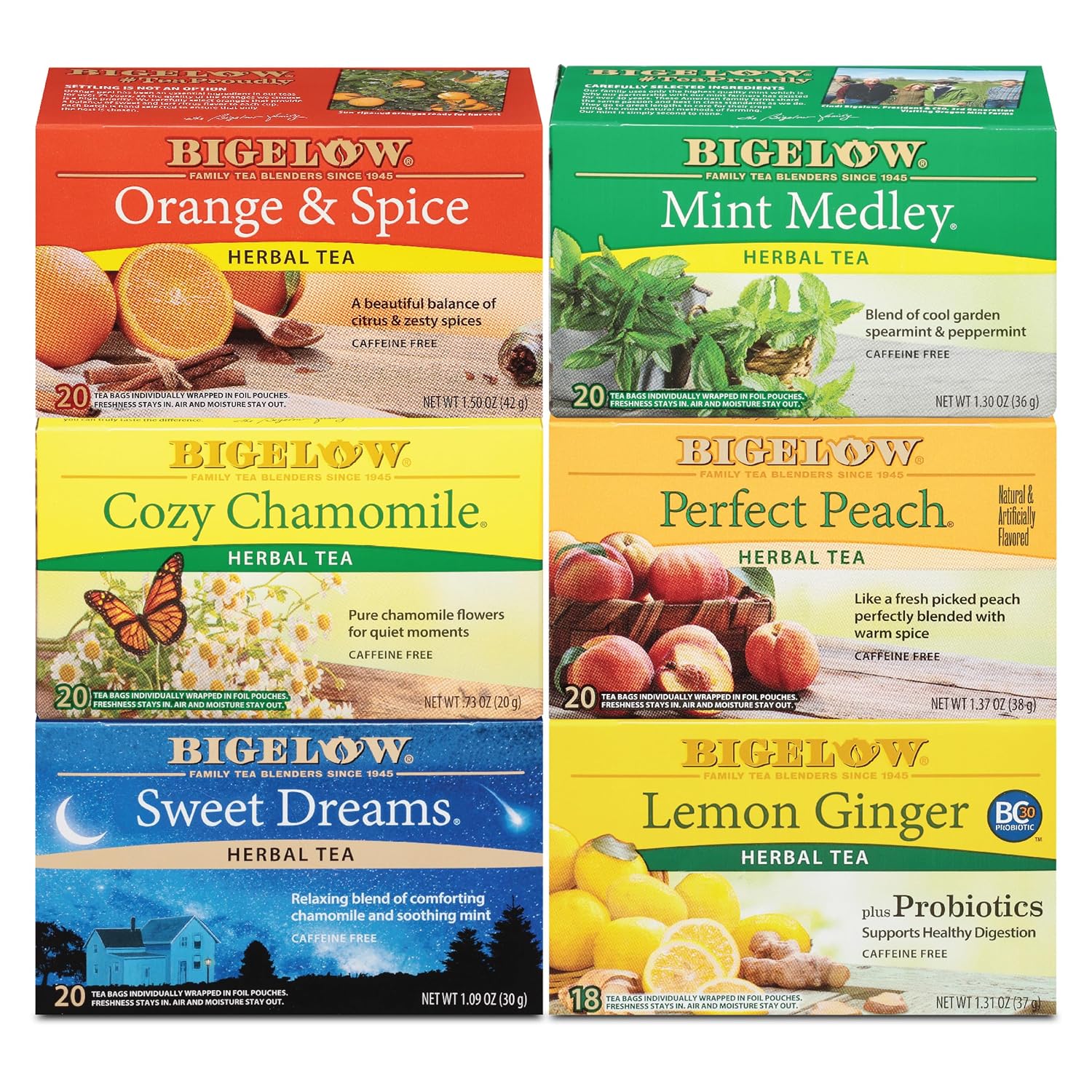 Bigelow Tea Green Tea Assortment, 64 Count (Pack of 1) | Individually Wrapped Tea Bags with Classic, Decaffeinated, Mint, Peach, Constant Comment, Lemon, Mango, and Earl Grey Teas