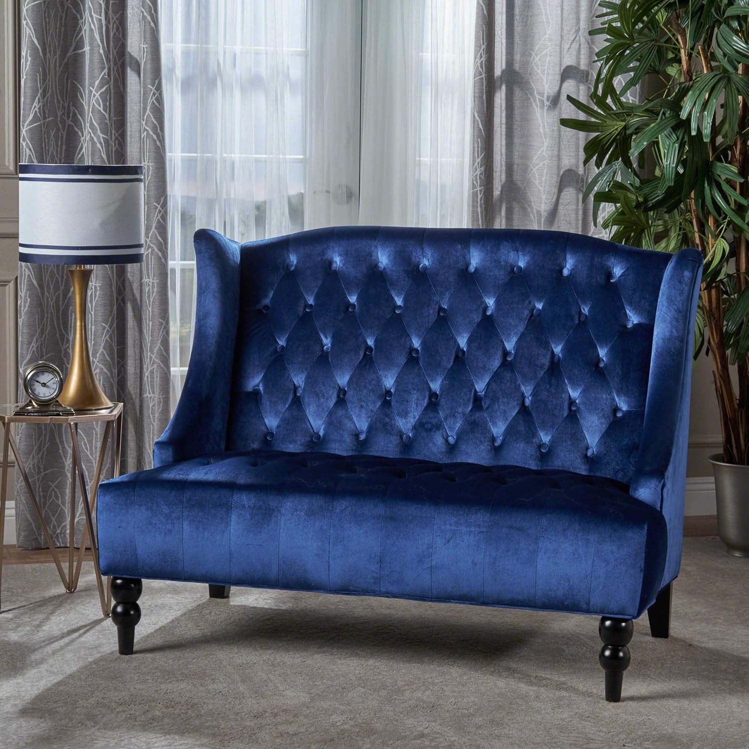 GDFStudio Modern Glam Tufted Velvet Wingback Loveseat, Navy Blue and Dark Brown
