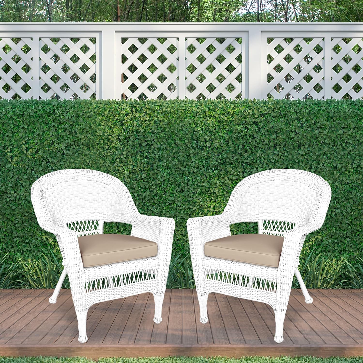 Jeco Wicker Chair with Tan Cushion, Set of 2, White/W00206-