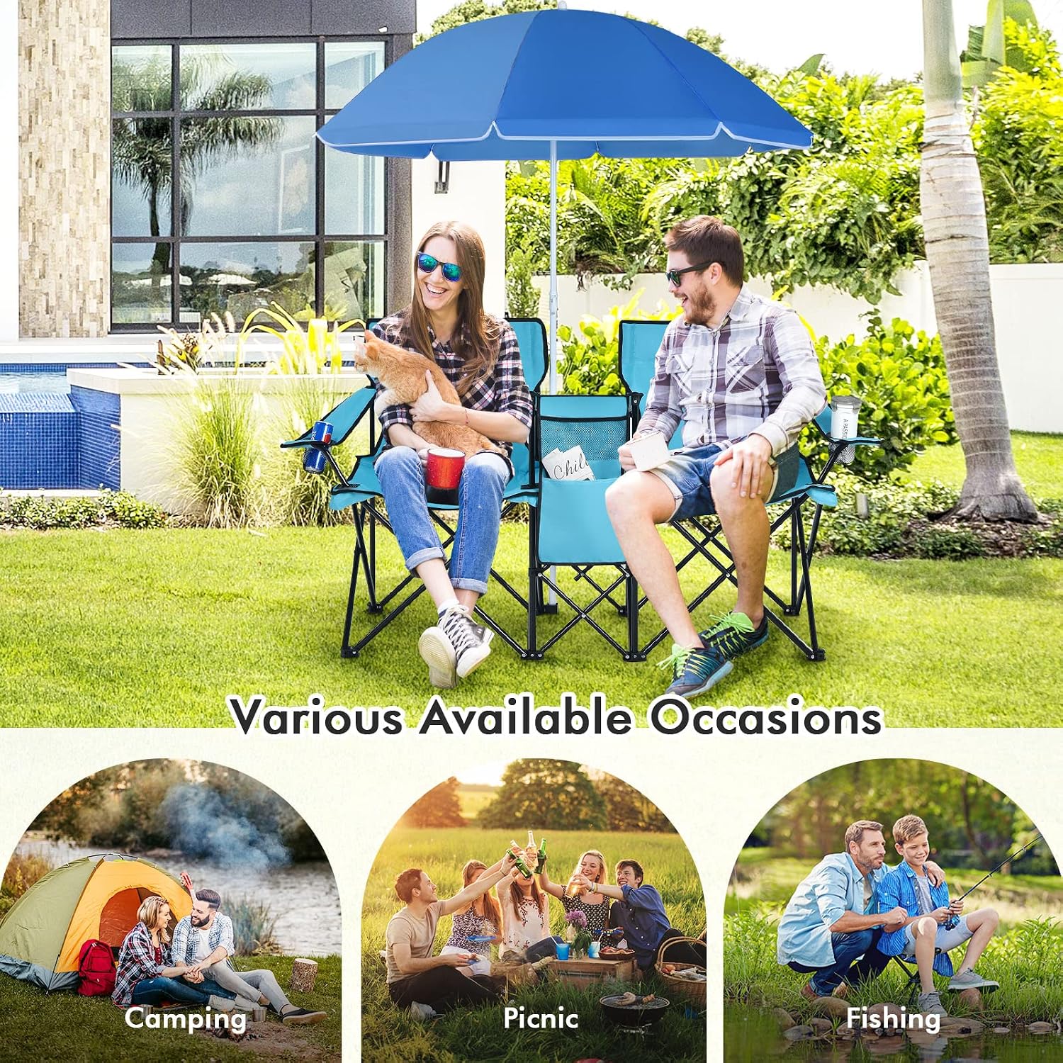 COSTWAY Double Portable Picnic Chairs, Folding Camping Chairs w/Detachable Umbrella, Cooler Bag, Cup Holders, Patio Beach Camping Chairs for Outdoors, Blue | Detachable Umbrella, Cooler Bag, Cup Holders, Patio Beach Camping Chairs for Outdoors, Blue