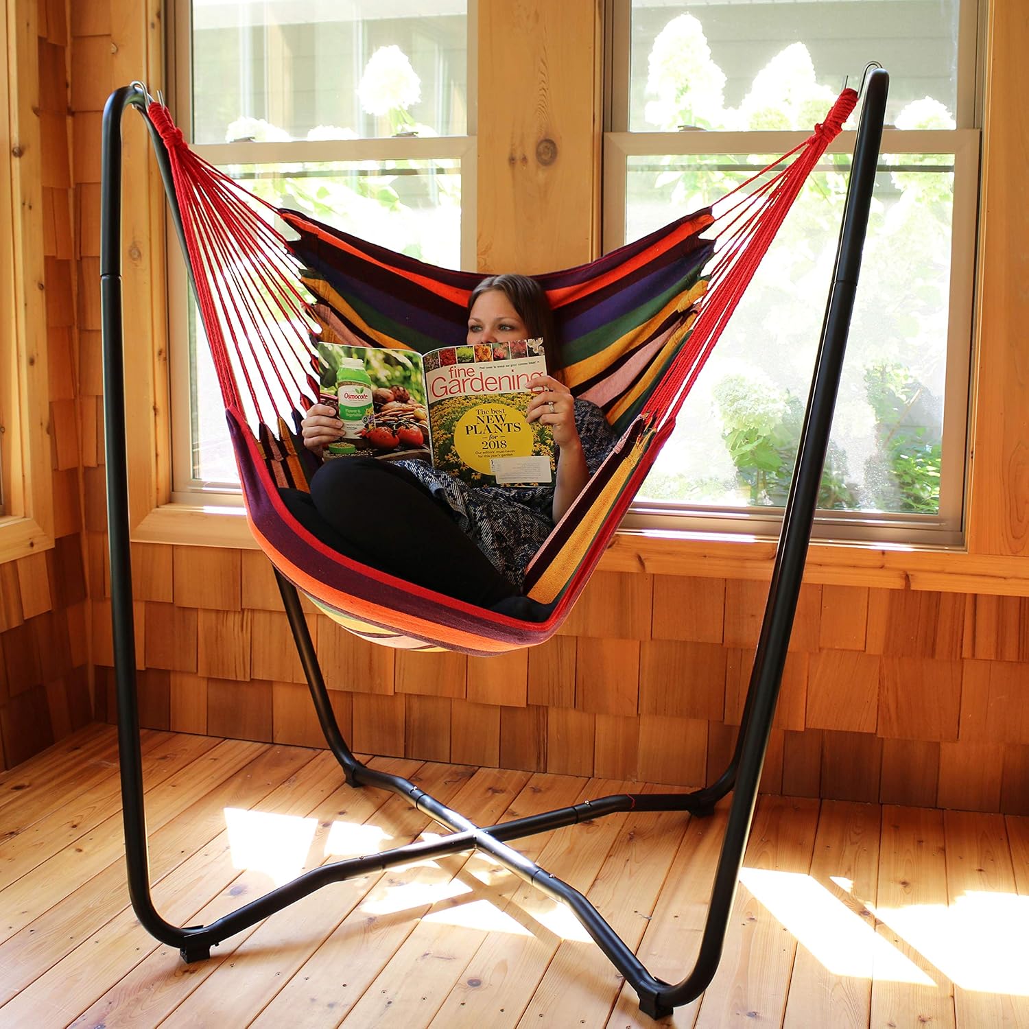 Sunnydaze Hanging Hammock Chair with Stand, Sunset | Space-Saving, Indoor or Outdoor Use, 330-Pound Capacity, Powder-Coated Steel Construction
