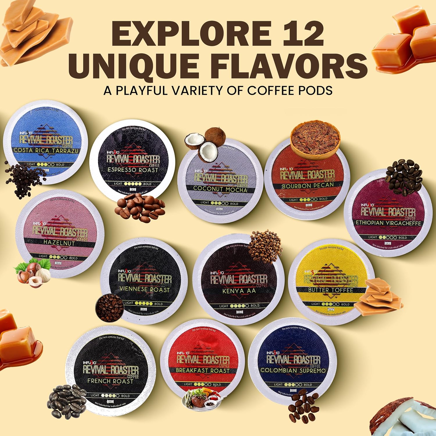 InfuSio Coffee Pods Variety Pack – 96 Count, 12 Blends of Crafted Origins and Indulgent Flavors Including Bourbon Pecan, Butter Toffee & Hazelnut, Medium & Dark Roast, No Sweeteners, Low Acid, Keurig Compatible