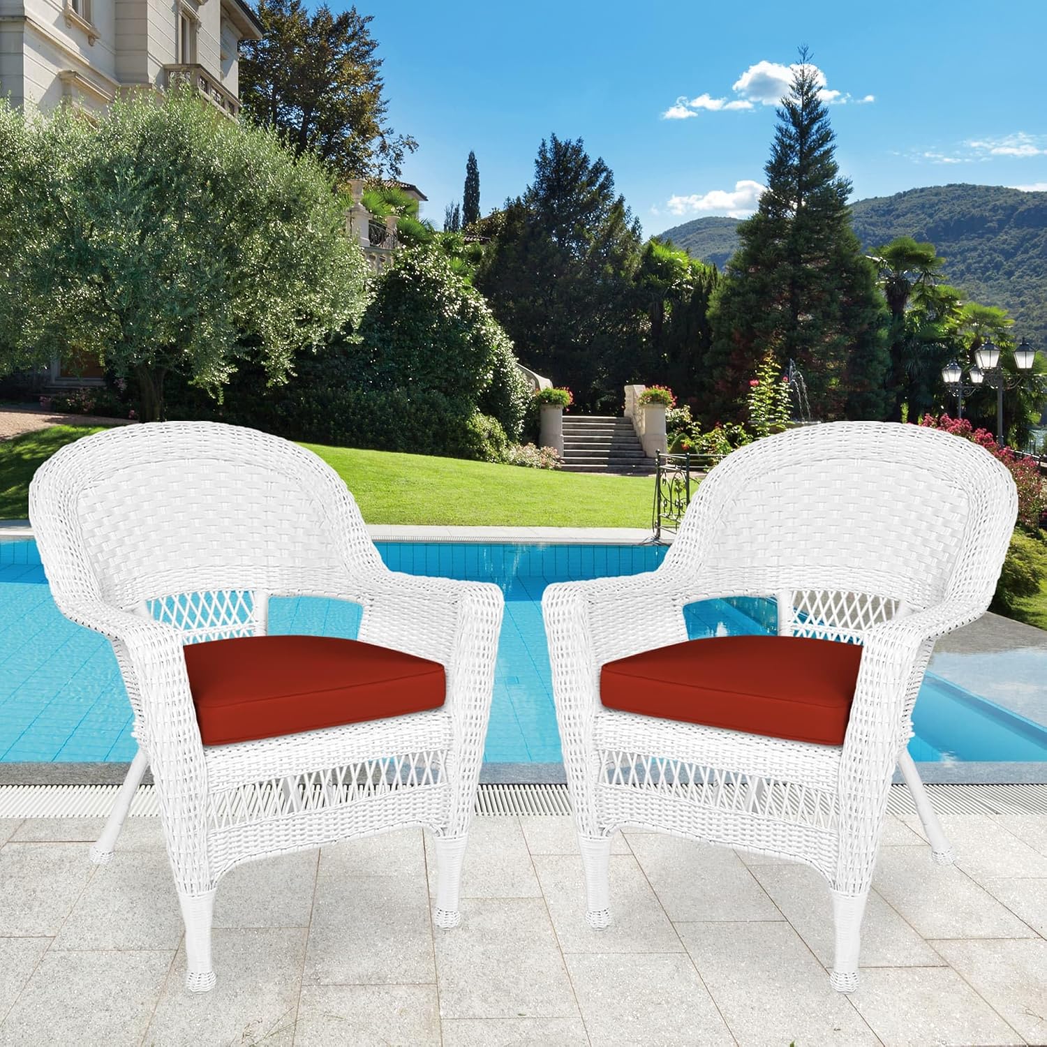 Jeco Wicker Chair with Red Cushion, Set of 2, White/W00206-