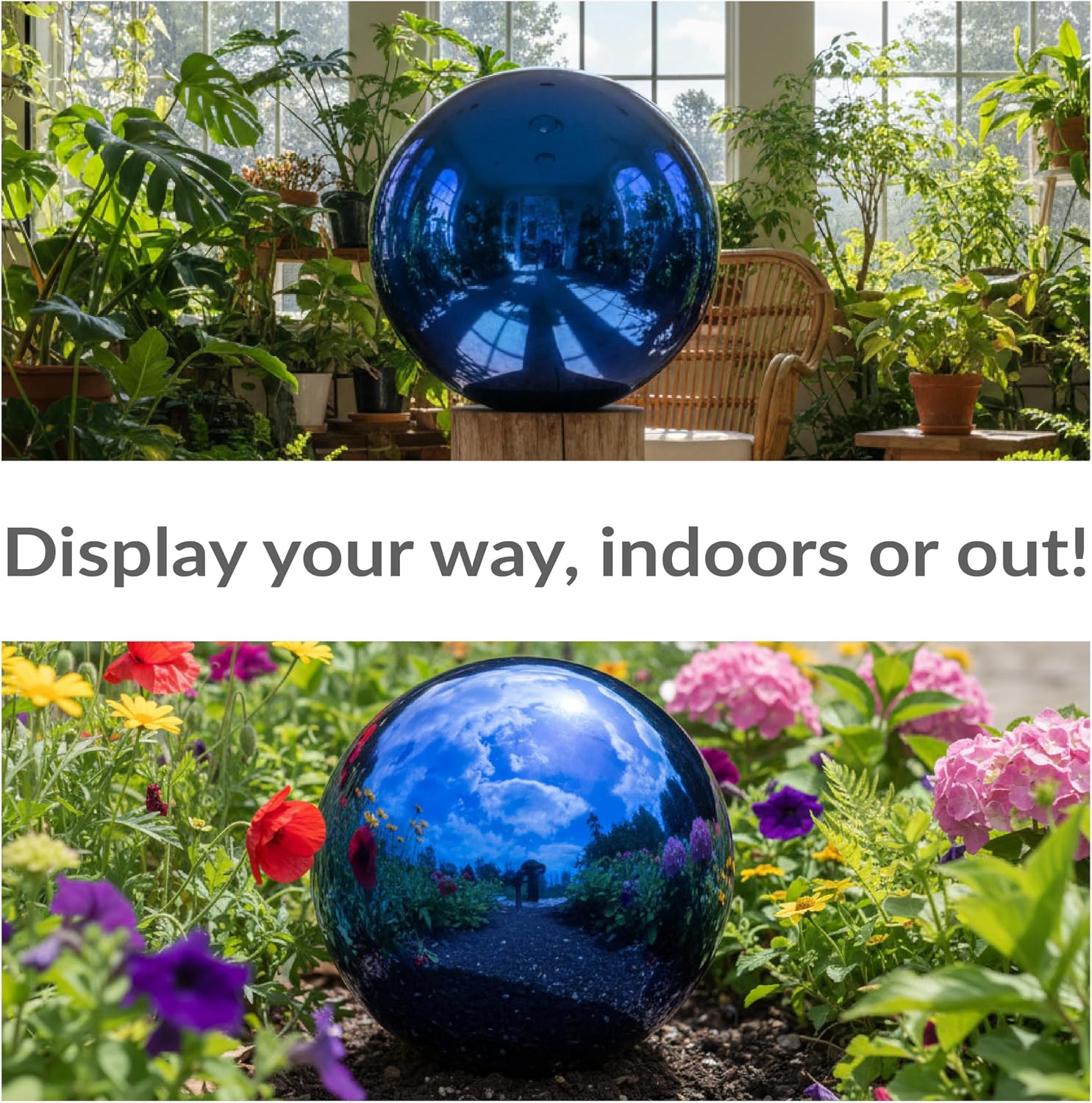 Sunnydaze 10-Inch Handblown Mirrored Glass Gazing Ball, Red | Reflective Outdoor Garden Globe Sphere, for Yard, Patio, Flower Bed, Walkway, and Landscape Decor, Stainless Steel Finish