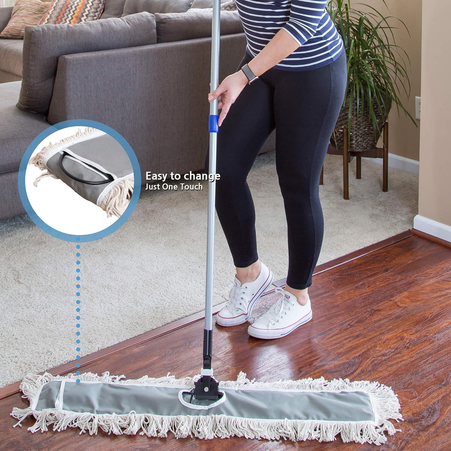 24" Industrial Cotton Floor Dust Mop with adjustable Steel Handle - Commercial Mops for Hardwood, Tiles, Laminate, Vinyl, Garage epoxy, Bamboo surface cleaning and Flooring Push Dust Broom