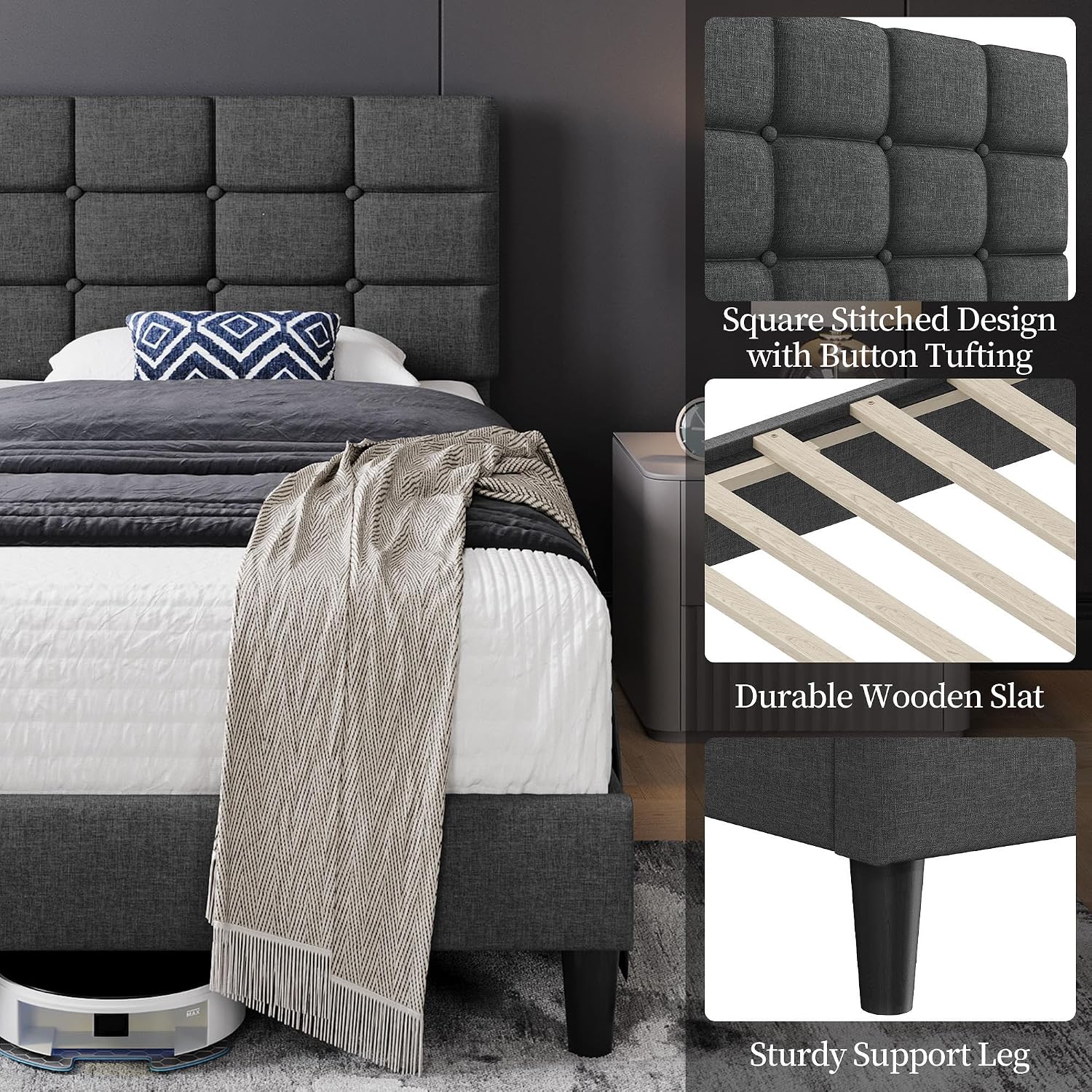 Yaheetech Full Size Upholstered Tufted Bed Frame with Headboard, Dark Gray | Sturdy engineered wood frame with linen fabric upholstery features a soft tufted headboard for easy assembly and support