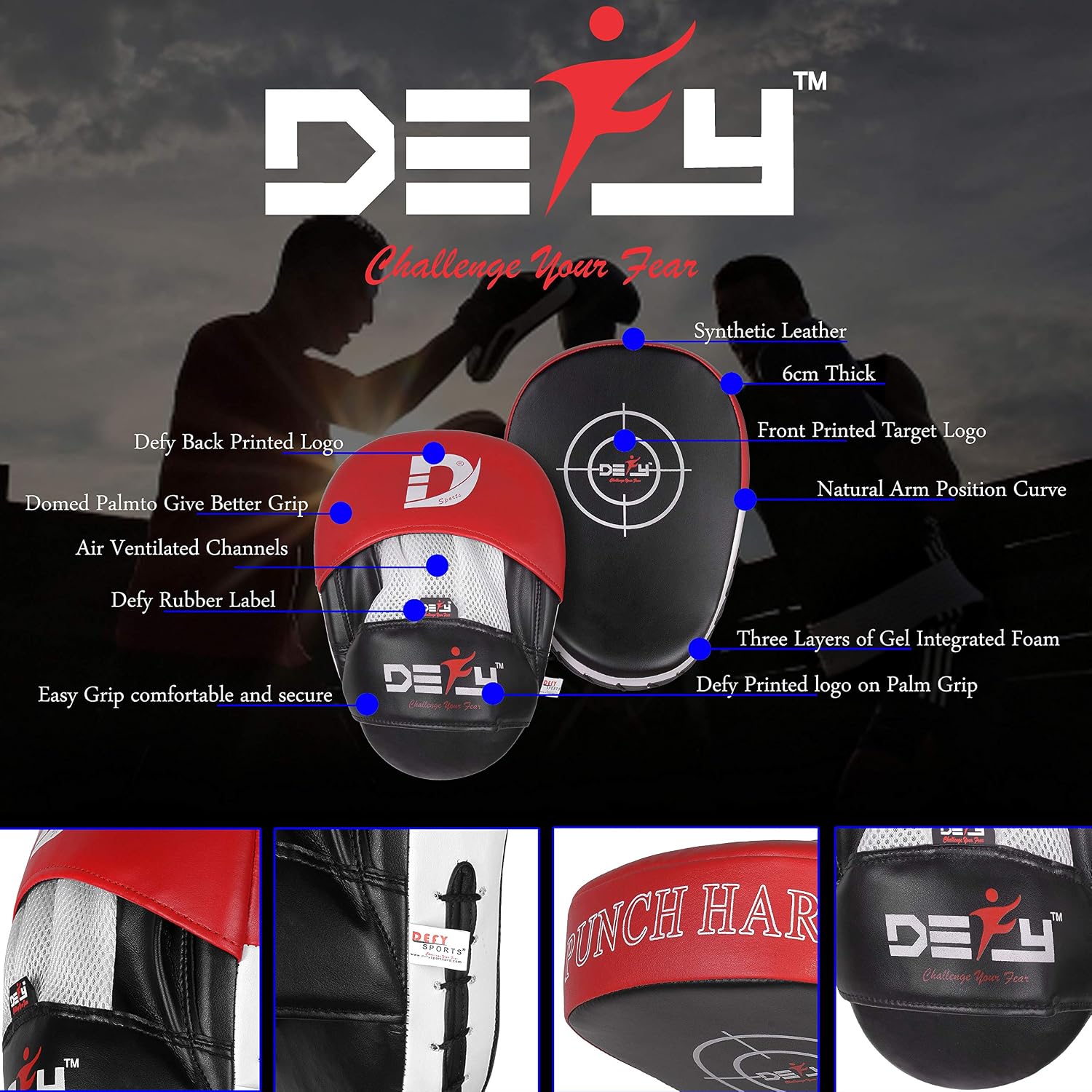 DEFY MMA Muay Thai Boxing Focus Mitts – Premium Leather Hook & Jab Punching Pads - Curved Focus Mitts for Strike & Kick Training Shield