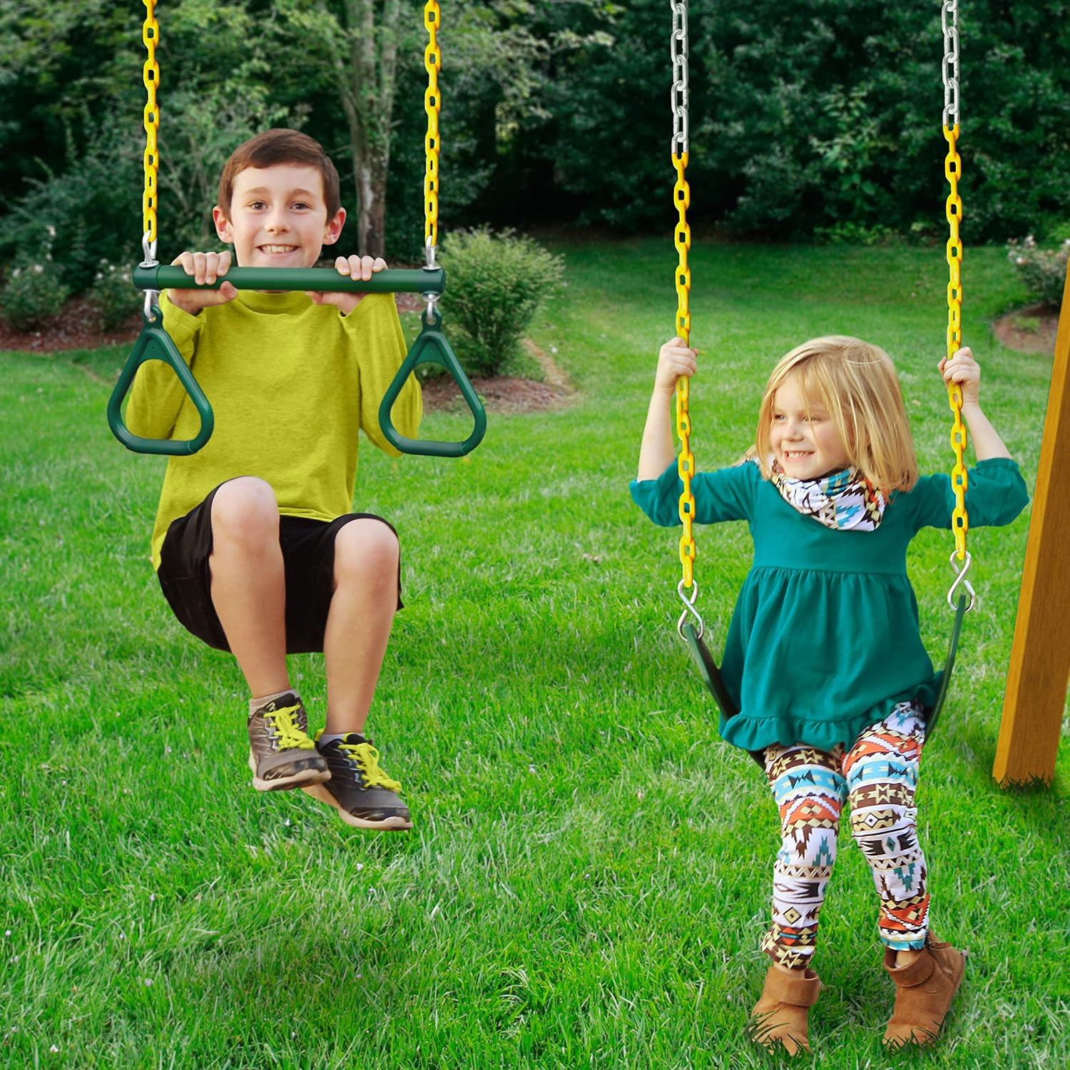 Gorilla Playsets 01-1059-AP High Point Wood Swing Set with Green Vinyl Canopy, Two Swings, Rock Climbing Wall, Slide, Amber