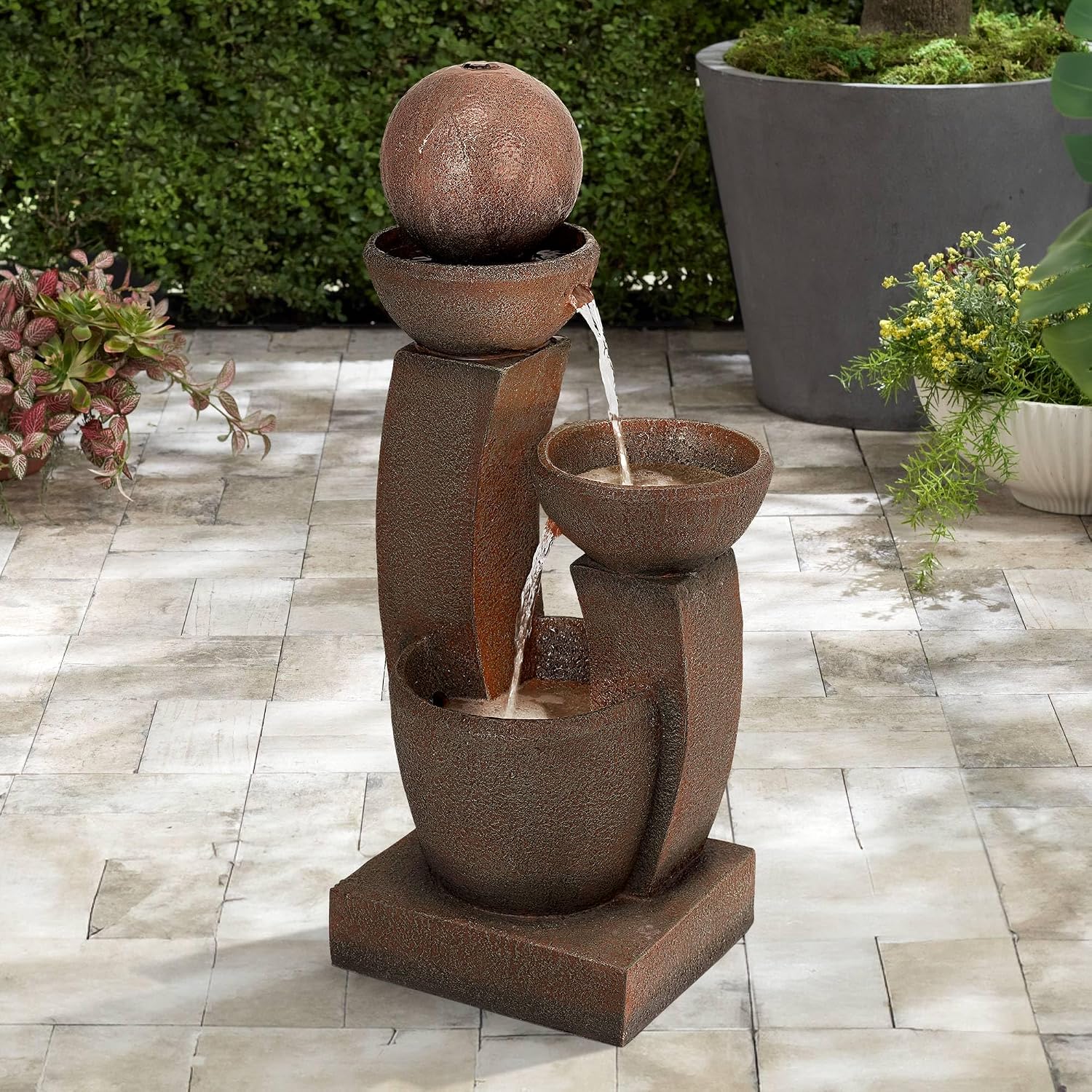 Curved Columns 31" High LED Light Modern Outdoor Indoor Large Fountain | Zen Decor Faux Stone Floor with Standing Waterfall Bowl Water Feature for