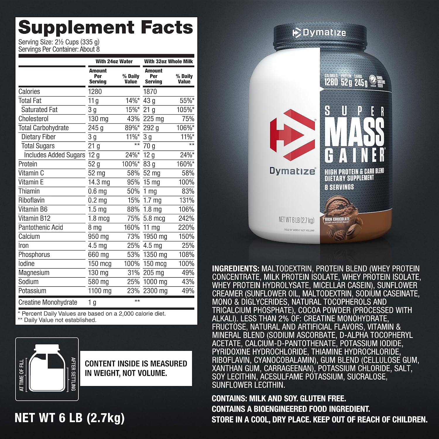 Dymatize Super Mass Gainer Protein Powder, Gourmet Vanilla, 52g Protein, 1g Creatine, 1280 Calories, 10.7g BCAAs, 245g Carbs, Contains Whey Protein Powder, Isolate, and Casein (8 Servings)