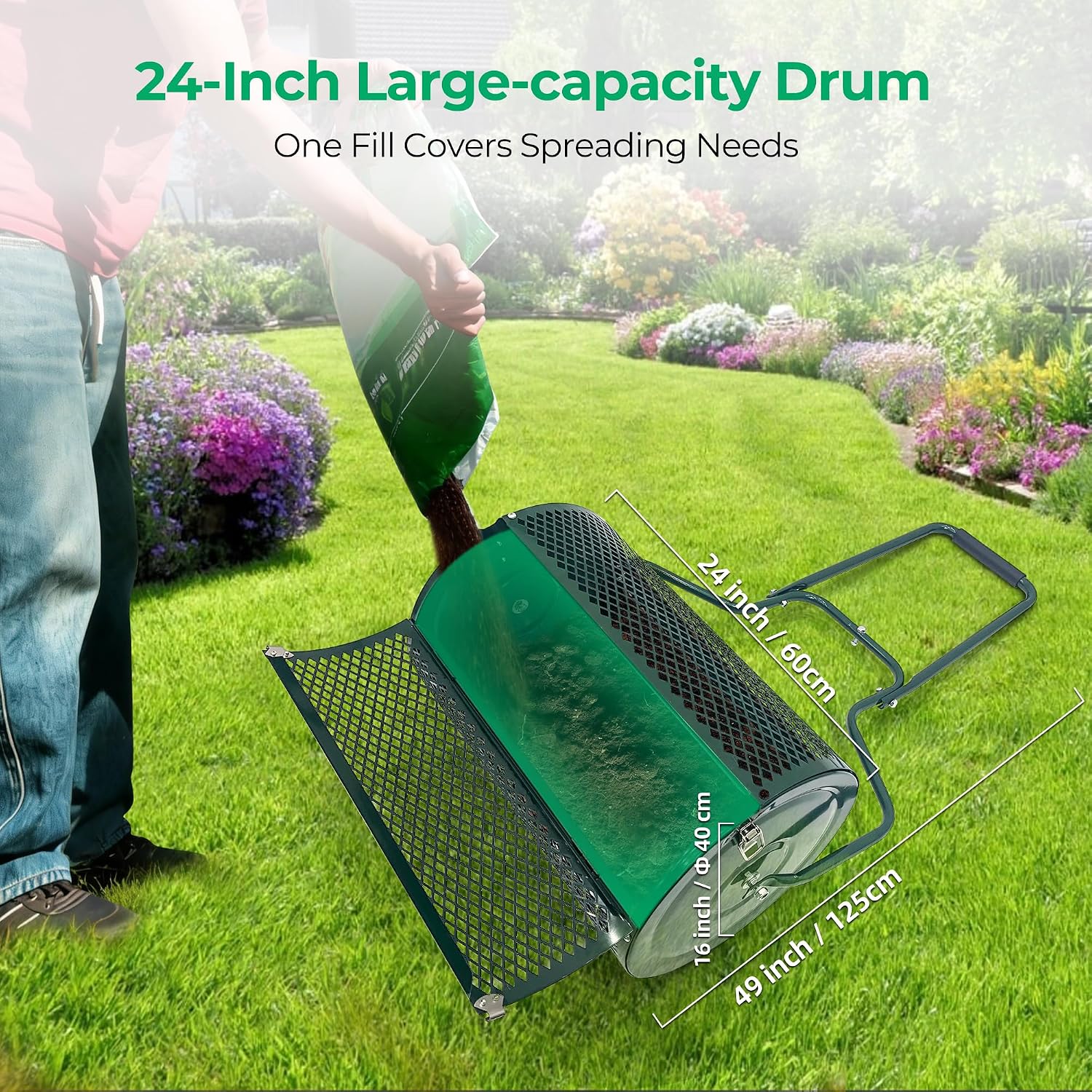 Thunderbay 24" Compost Spreader Garden Backyard Push/Tow-Behind Roller Lawn Fertilizer Peat Moss Spreader