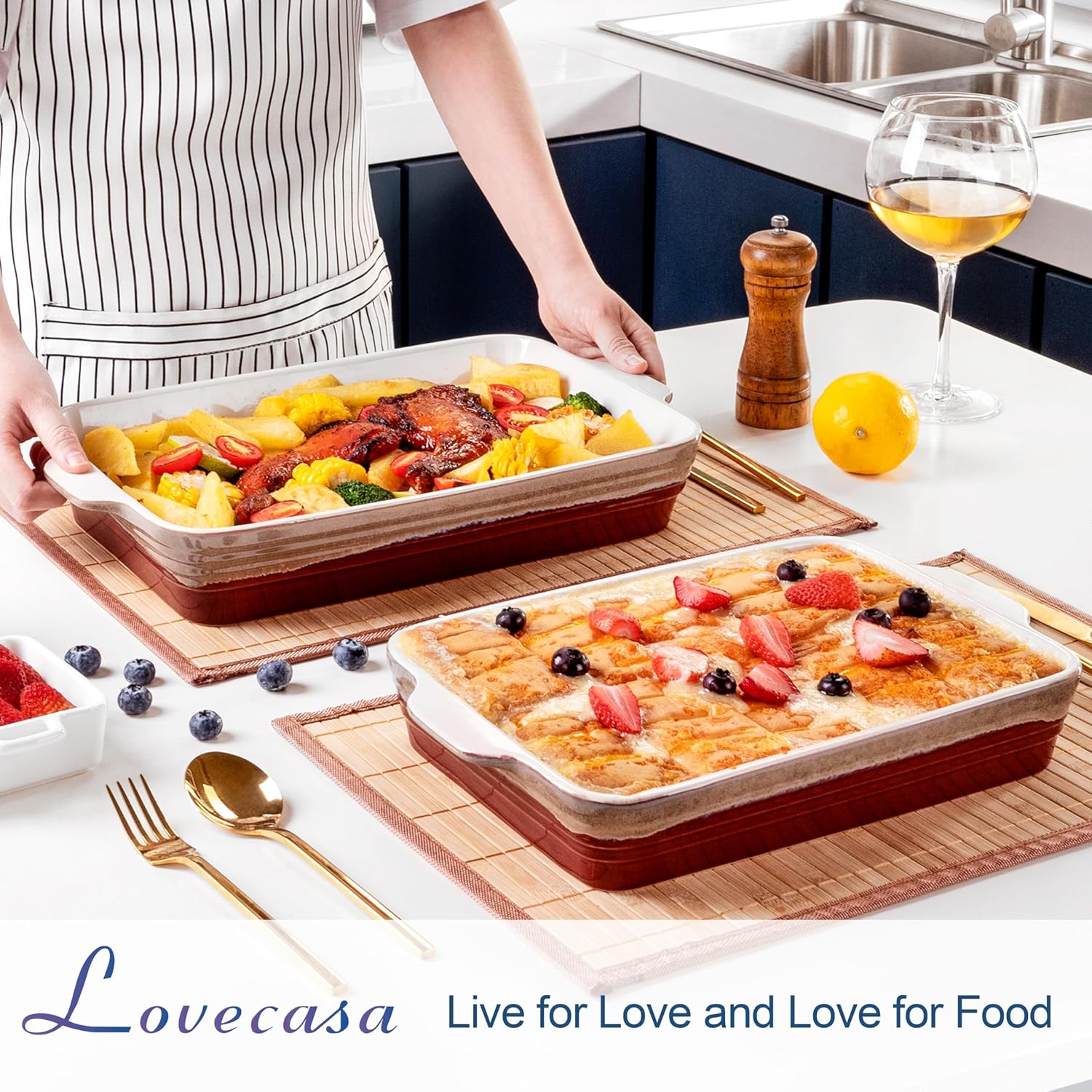 LOVECASA 8x8 inch Baking Pan, 2 Quart Square Cake Pan Baking Dish for Oven, Stoneware Brownie Pan Non-Stick, Casserole Baking Pan with Handle
