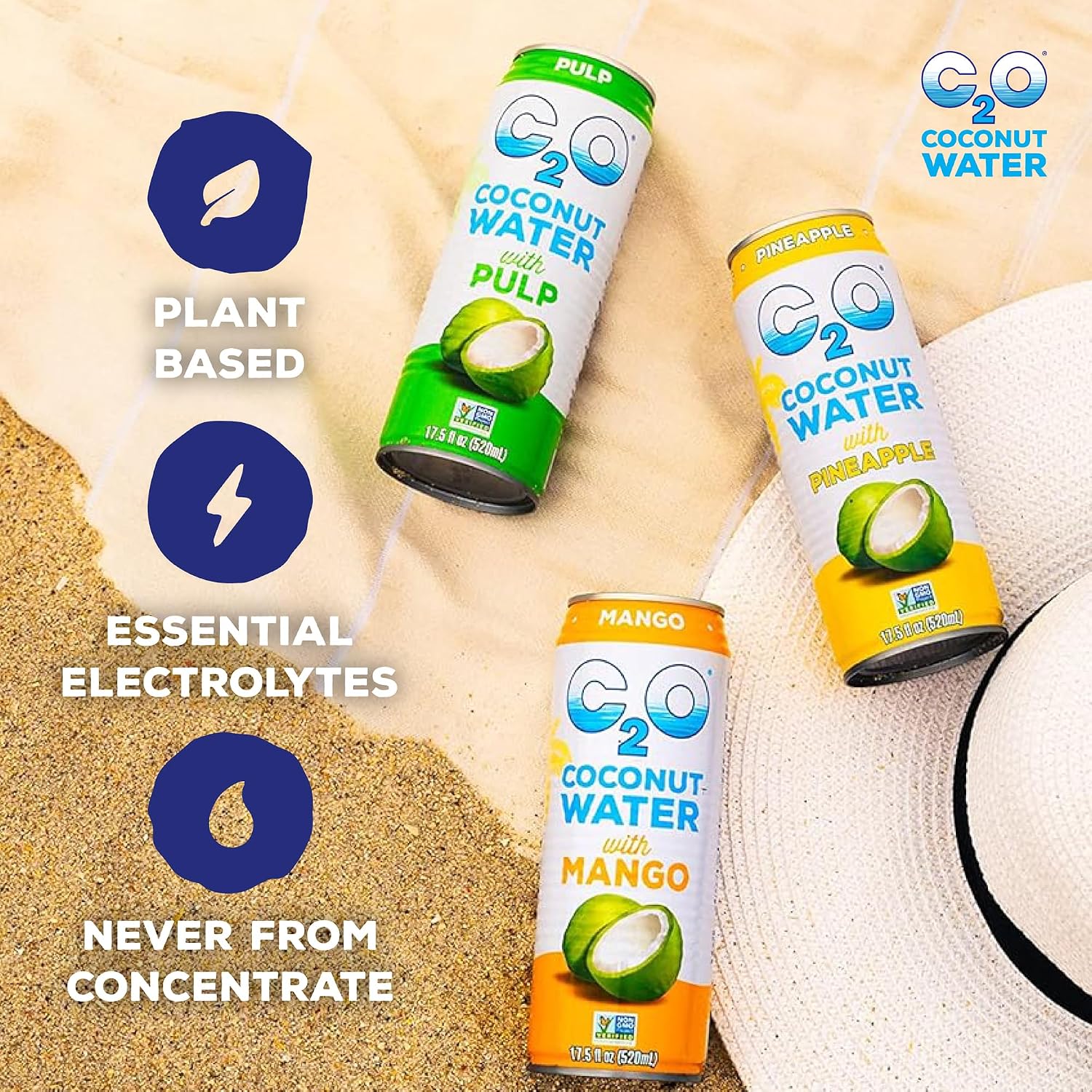 C2O - Coconut Water with Pineapple (12 Pack) - Made with Fresh Coconut Water - Plant Based - Non GMO - Canned Water - Natural Hydration, Essential Electrolytes, & Potassium - 12 Cans, 17.5 FL OZ