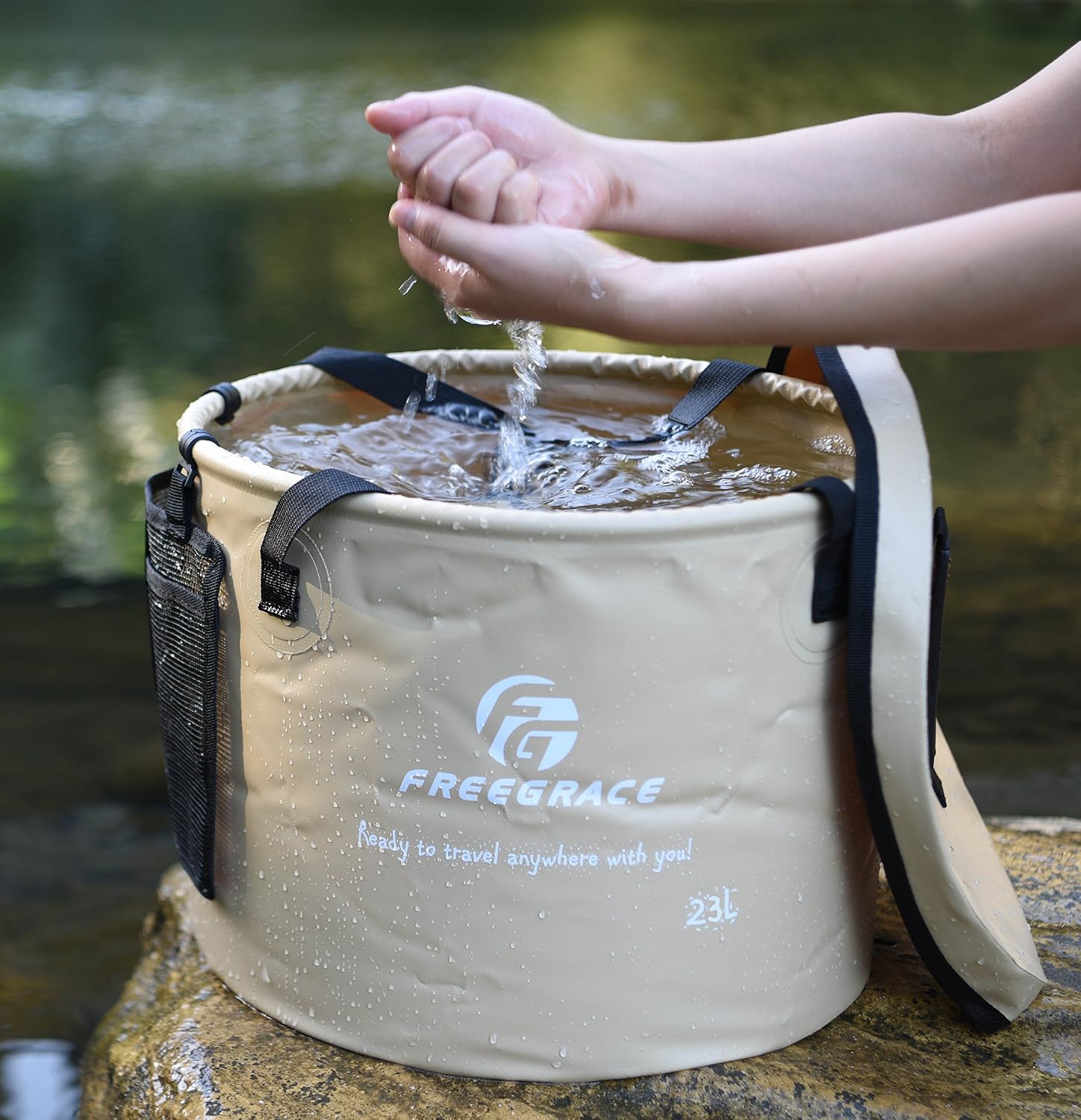 Freegrace Collapsible Bucket with Mesh Tool Pocket - 10L, 16L & 23L Portable Folding Water Container - Heavy Duty 500D Tarpaulin, BPA-Free Wash Basin for Camping, Fishing, RV, and Car Washing