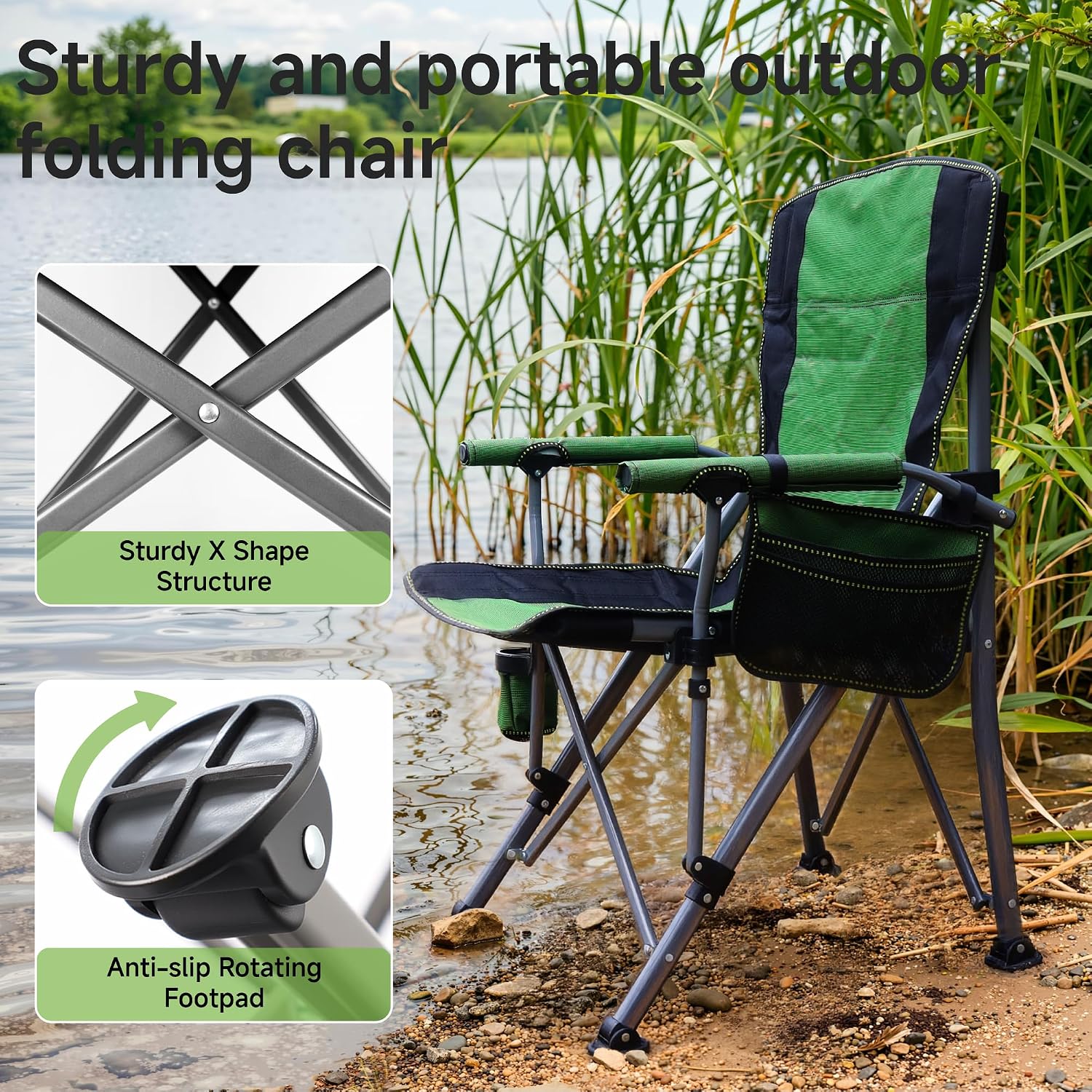 Adjustable Back Folding Camping Chair for Camp, Picnic, Lawn, Fishing | Adjustable Back; Weight Capacity 400 LBS;Hard Arm Portable Chair;Cup Holder;Storage Bag;carrying bag
