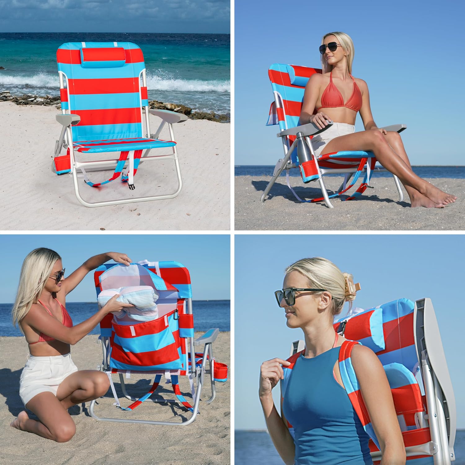Rio Beach 2-Pack Wide Big Boy 4-Position Backpack Beach Chair with Pillow, Arms, and Storage Pouch, Lightweight Outdoor Portable Camping Chair with Carry Straps, Supports up to 300 lbs., Blue/Red