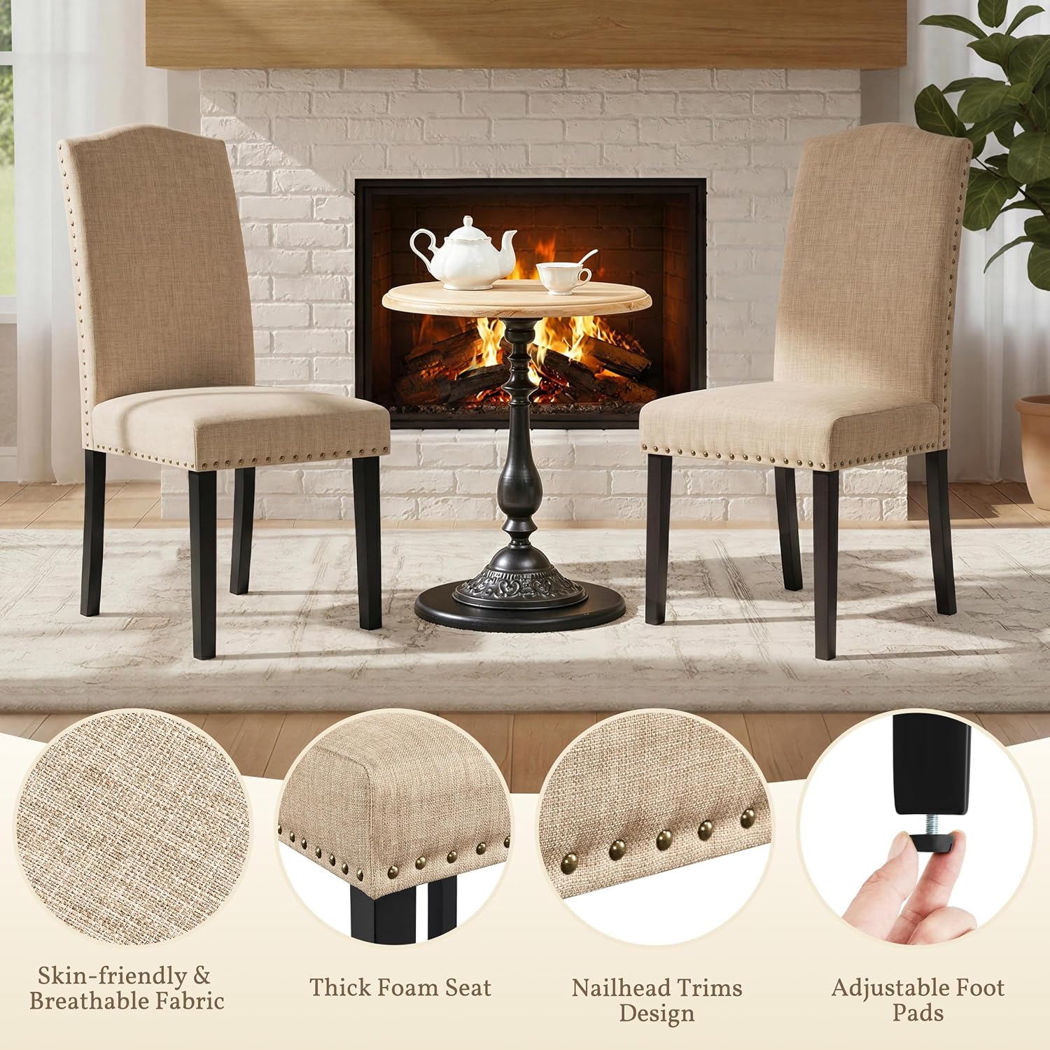 Yaheetech Dining Chairs Set of 2 High Back Parson Chairs Khaki