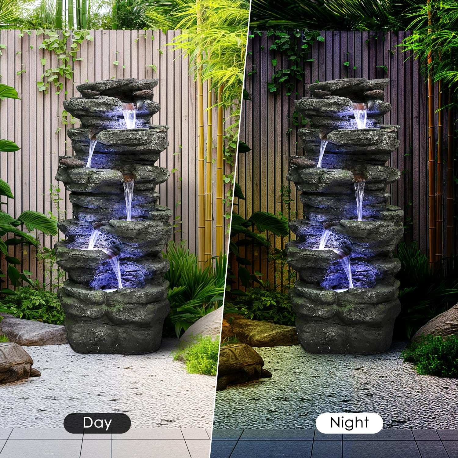 SunJet 40.5” High Rocks Outdoor Water Fountain - 6-Tiers Cascading Waterfall with LED Lights, Soothing Tranquility for Home Garden, Yard Decor