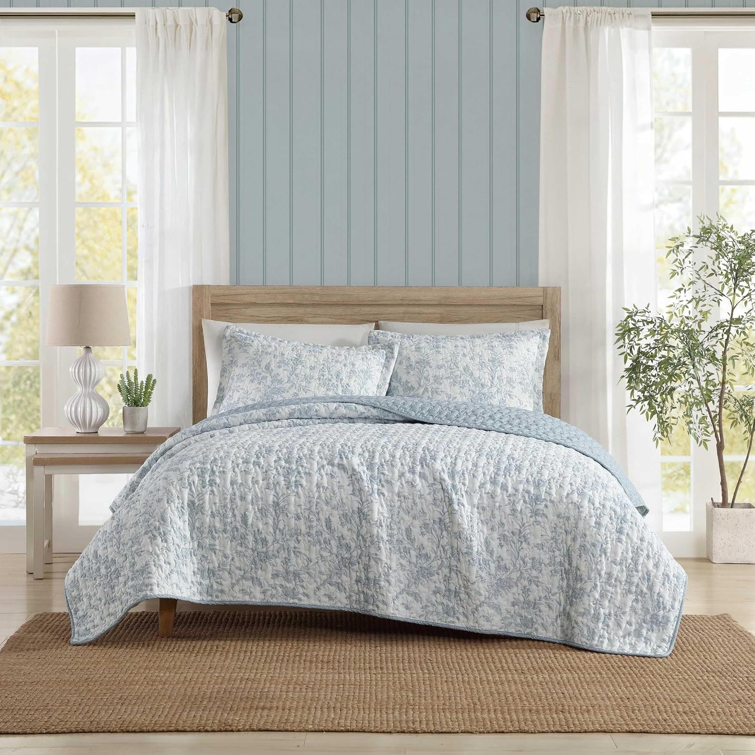 Laura Ashley – Queen Quilt Set, Soft & Lightweight Toile Bedding with Matching Shams, Reversible Floral Room Decor, College Dorm Room Essentials (Amberley Blue)