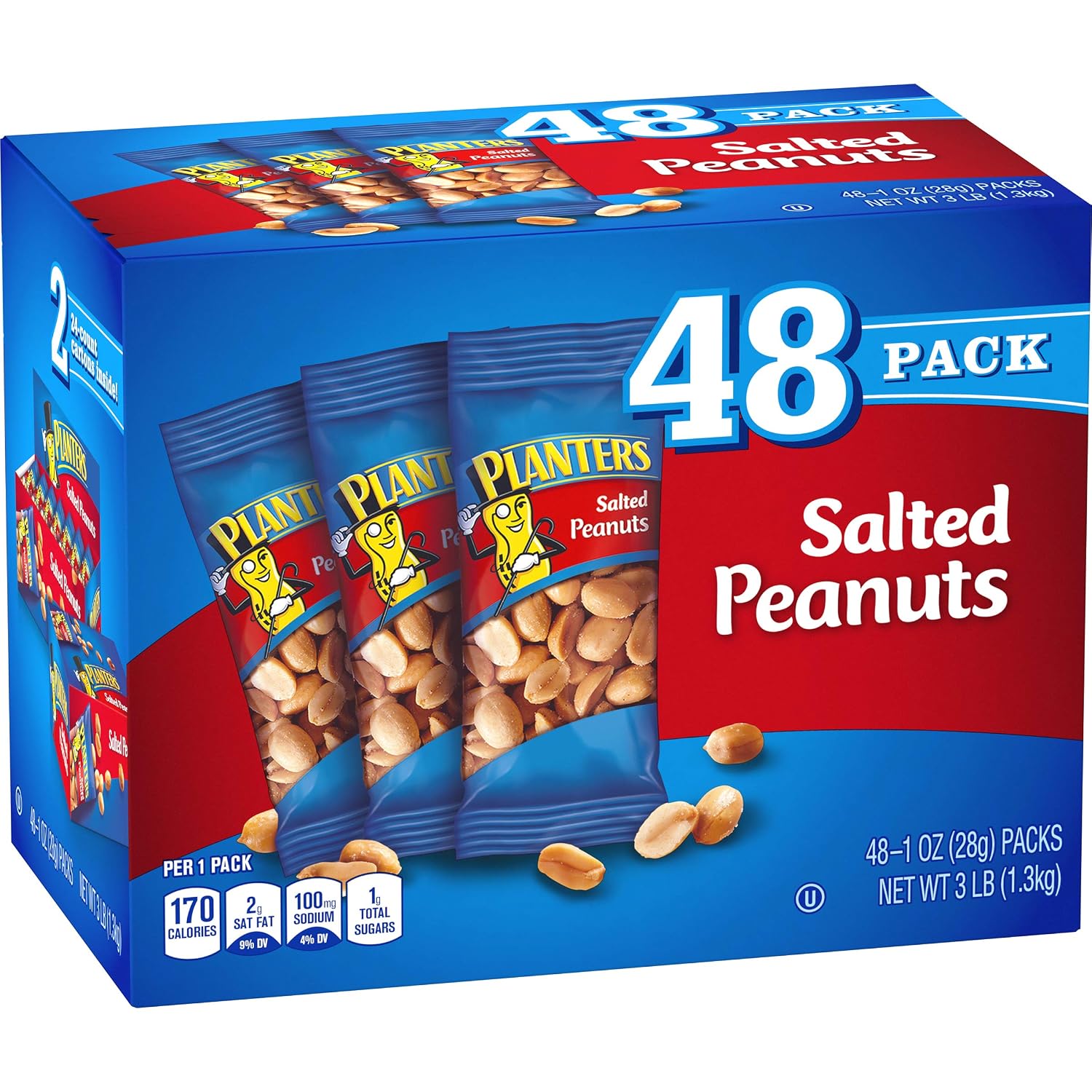 PLANTERS Salted Peanuts, Plant Based Protein Snacks, 1 Oz (48 Ct) | Roasted Salted Nuts Snack Packs. Kosher. Bag. Snacks for Adults. Individual Snacks
