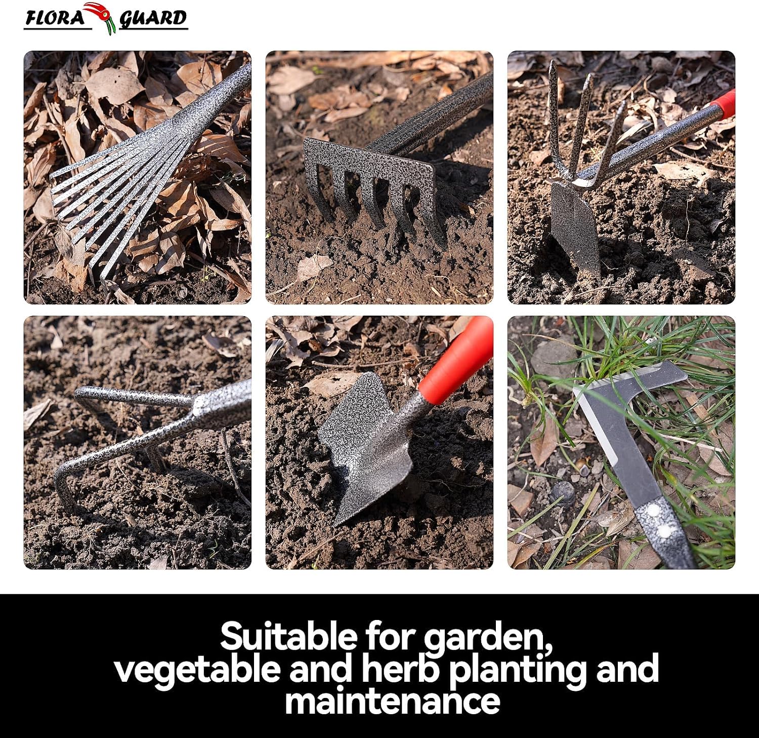 FLORA GUARD 6-Piece Garden Tool Set | Heavy Duty Gardening Hand Tools with High Carbon Steel Including Trowel, Rakes, 2-in-1 Hoe and Crack Weeder