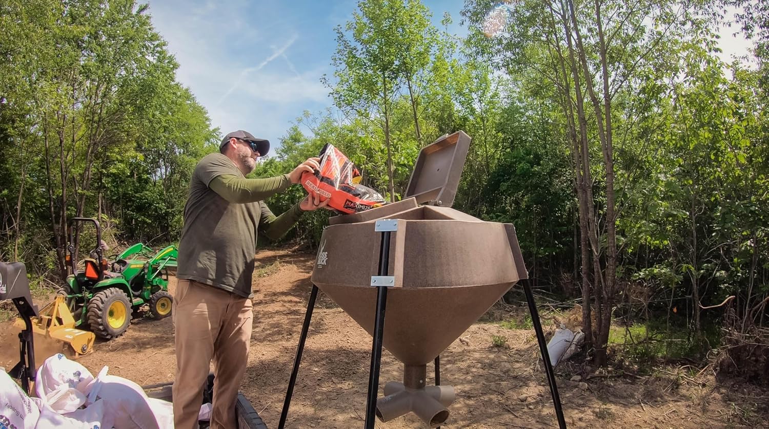 BOSS BUCK 350 LB Deer Feeder/Hunting Durable Lightweight Plastic UV Protected Windproof Waterproof Gravity Feed with Protein 3 Feed Tubes Head, Multi-Piece Round Legs | Protein 3 feed tubes head, Multi-Piece round legs