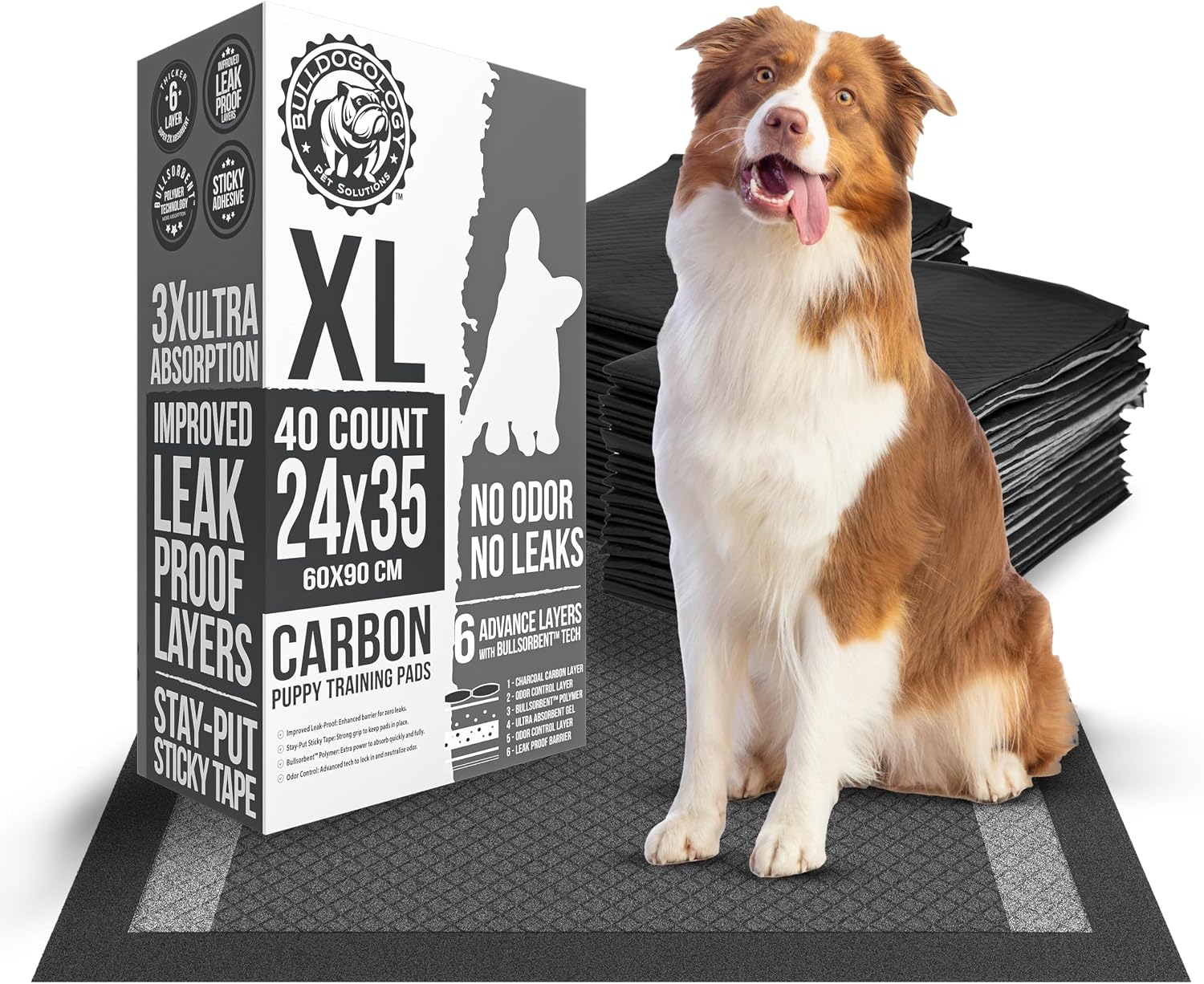Bulldoglogy 50-Count Carbon Black Dog Pads Puppy Training Pads with Adhesive Tape 24x24 - Large Charcoal Puppy Pads Dog Training Wee Pads, Odor Control Thick Pee Pads for Dogs Extra Quick Dry