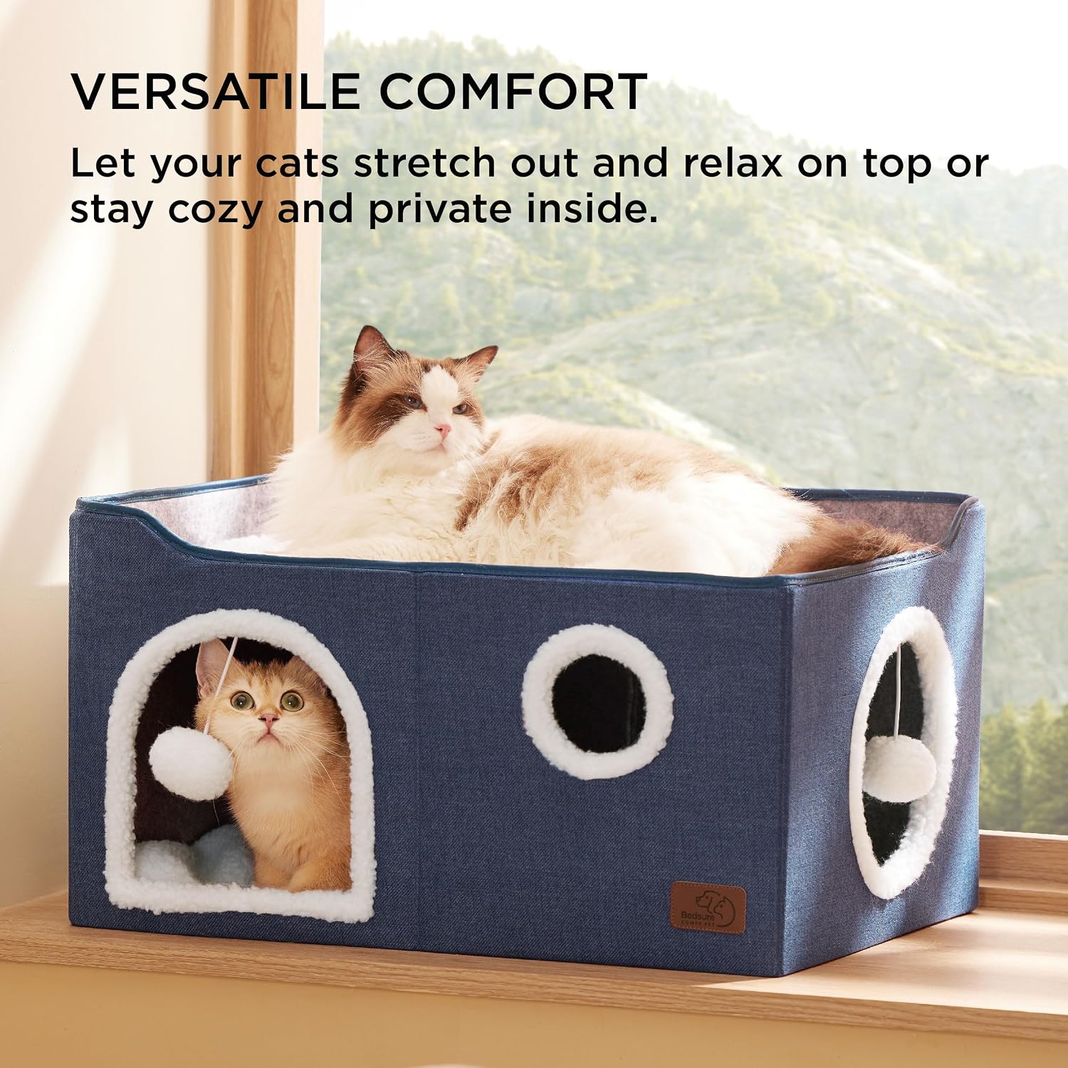 Bedsure Cat House Bed for Indoor Cats with Fluffy Ball and Scratch Pad,Grey