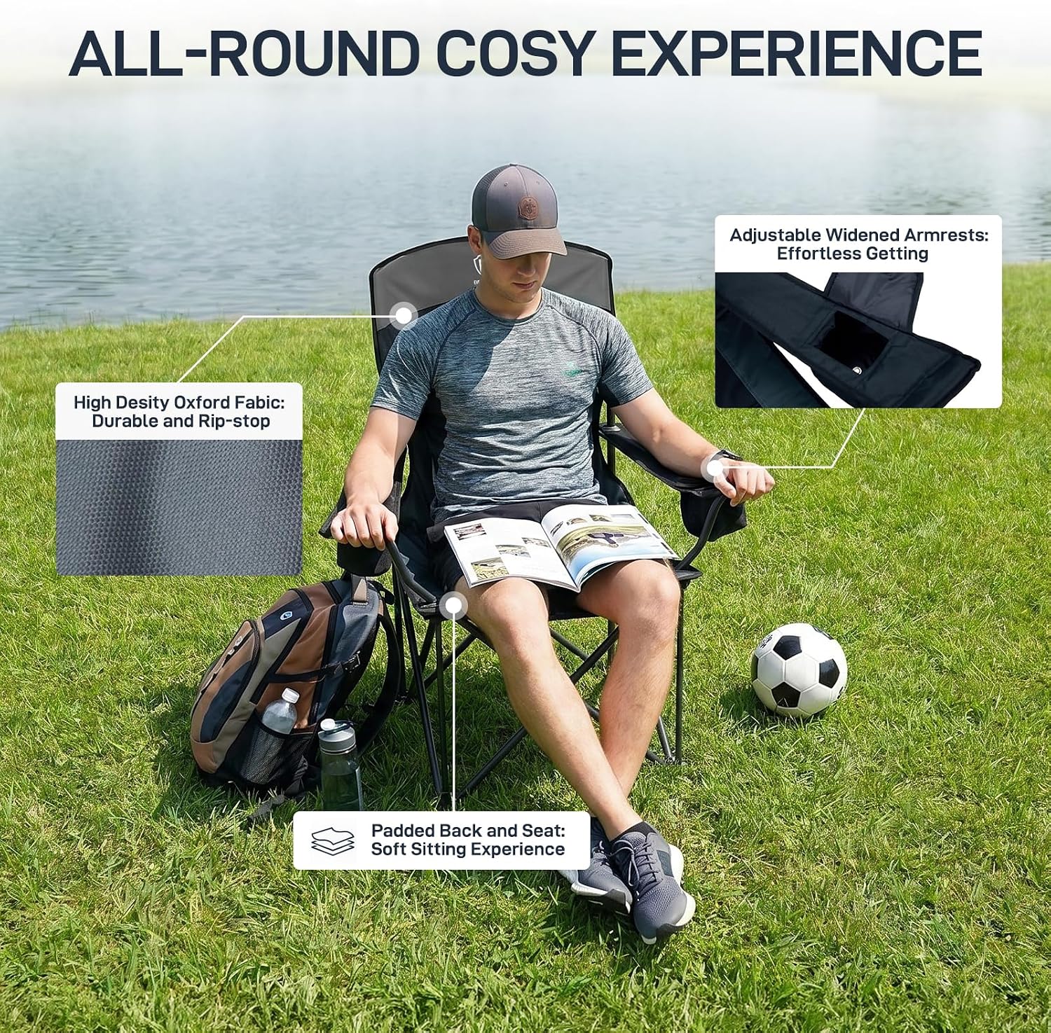 EVER ADVANCED High Back Folding Camping Chair Oversized and Fully Padded, Portable Quad Camp Lawn Chair Up to 400 lbs, with Cup Holder Armrest Carrying Bag