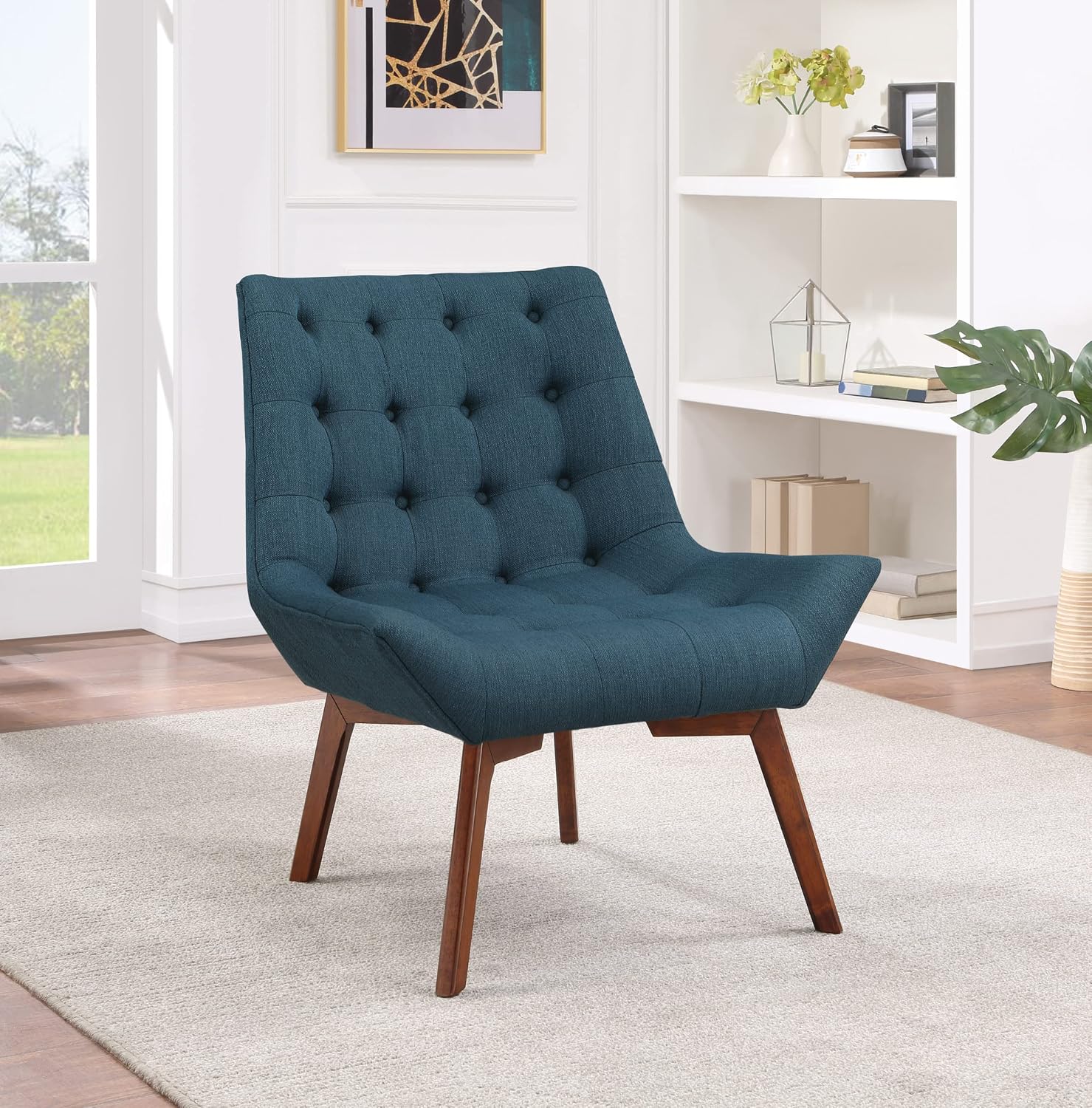 OSP Home Furnishings Shelly Mid-Century Modern Button Tufted Accent Chair with Solid Wood Sculpted Frame