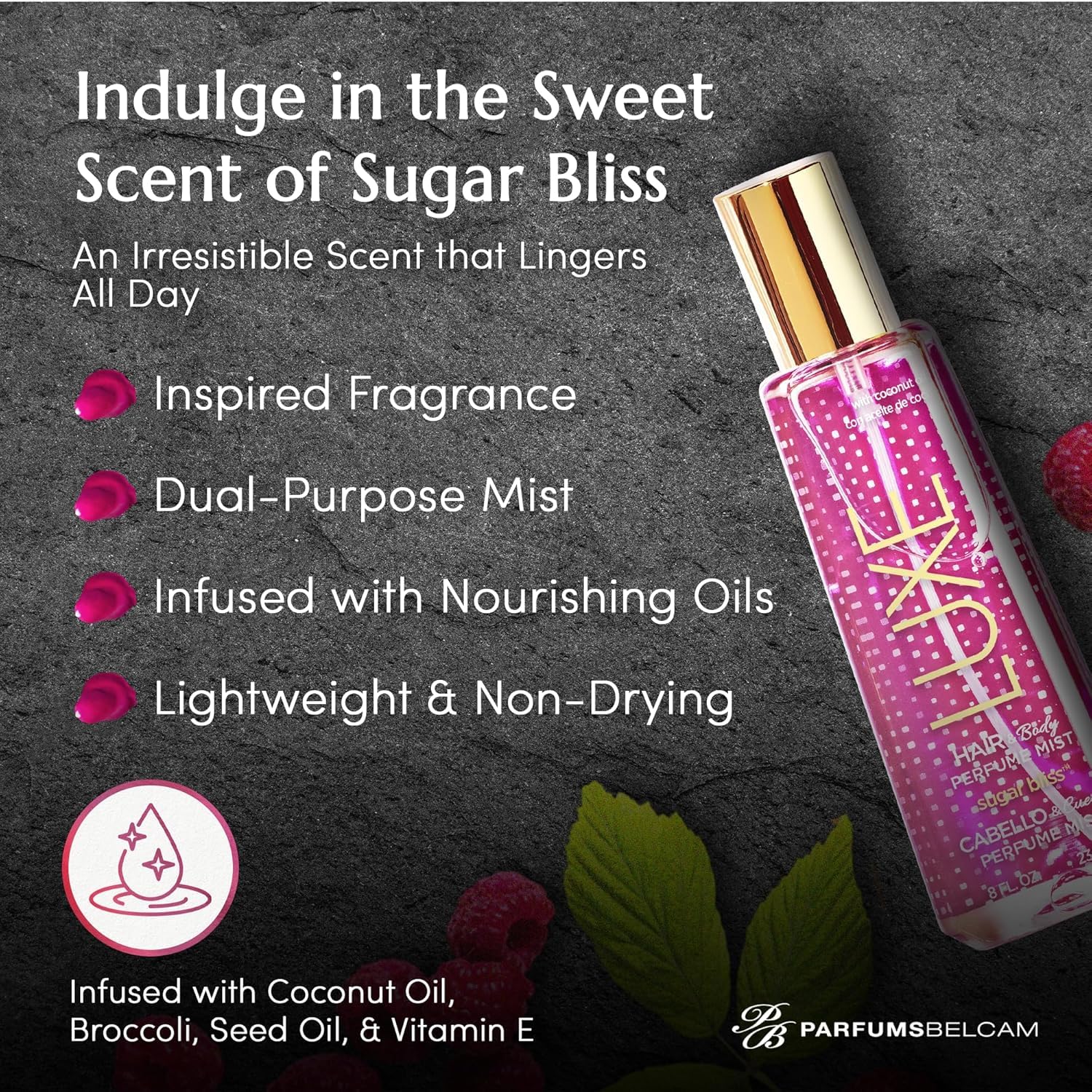 Luxe Perfumery Sugar Bliss Hair & Body Perfume Mist – Sweet Gourmand Fragrance with Raspberry, Chocolate, Vanilla & Musk – Hydrating Coconut Oil & Glycerin, Lightweight Daily Mist for Women, 8 Fl Oz