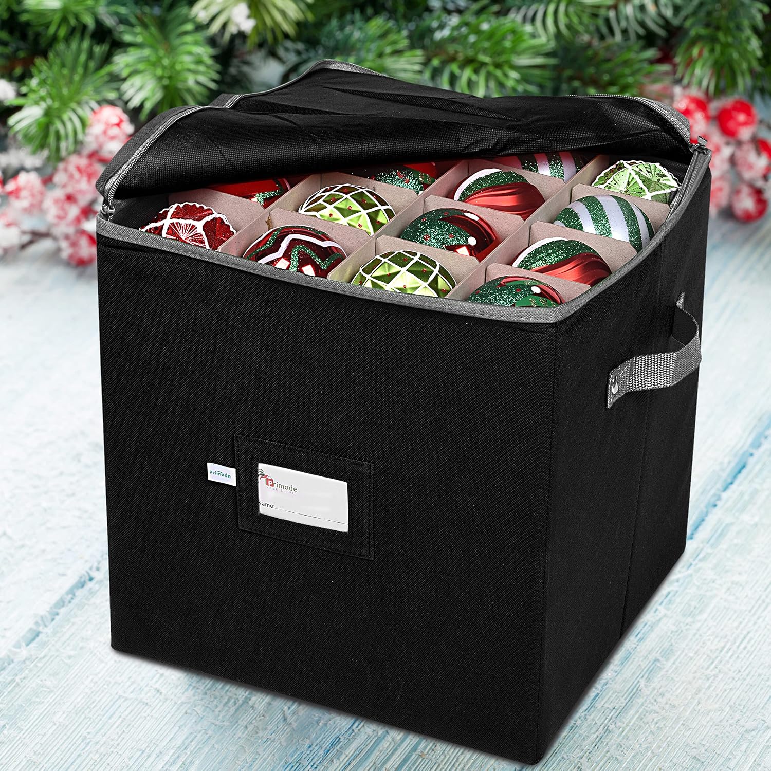 Christmas Ornament Storage Box, 4 Individual Trays Xmas Storage Container, Fits 64 Ornaments Decoration Balls, Constructed of Durable Polyester Material (Red)