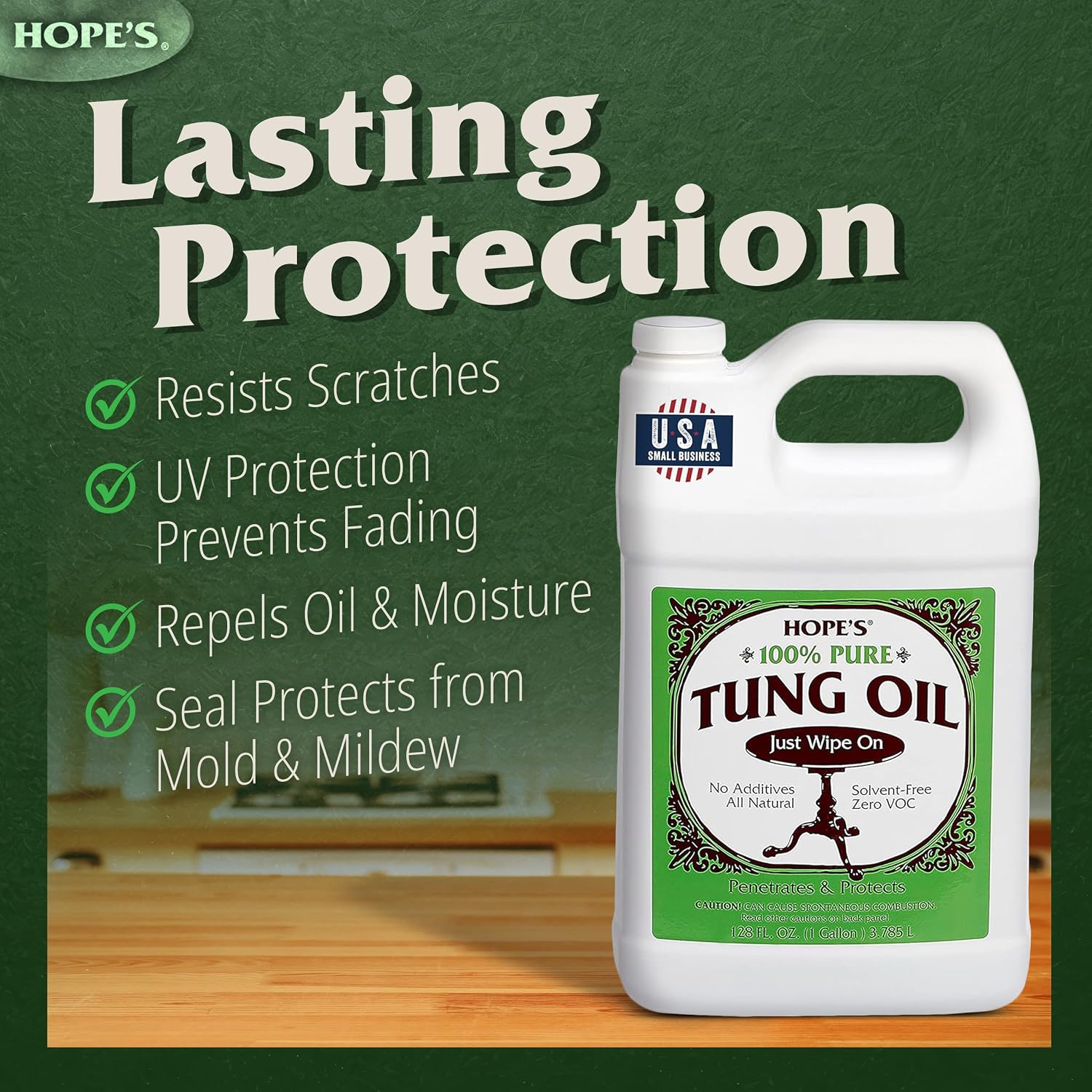 HOPE'S 100% Pure Tung Oil, Food Safe, Premium Waterproof Natural Wood Finish and Sealer for Indoor and Outdoor Projects,128 Fl Oz, 1 Pack