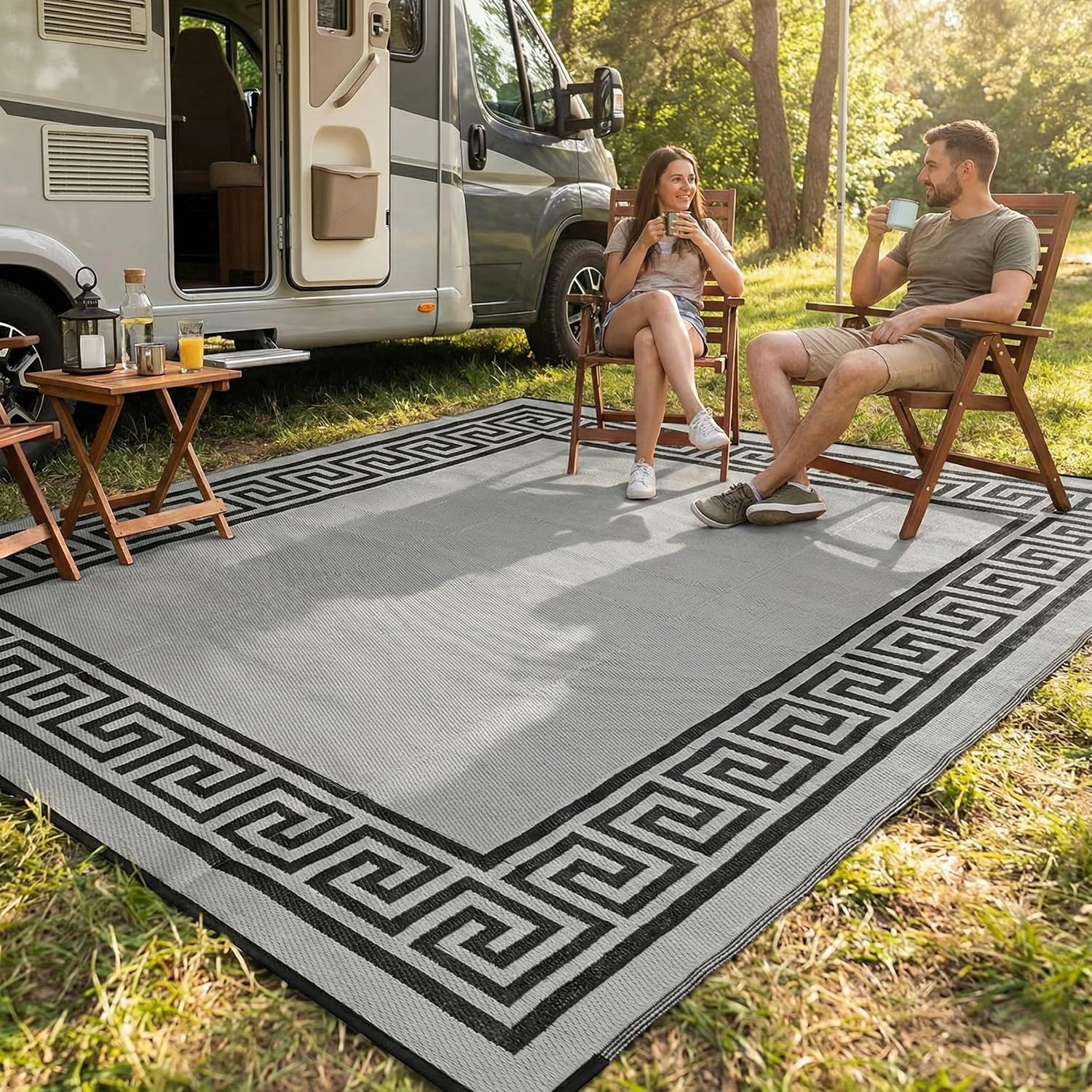 FH Home Outdoor Camping Rug - Waterproof, Fade Resistant, Reversible - Premium Recycled Plastic - Striped - Large Patio, Deck, Sunroom