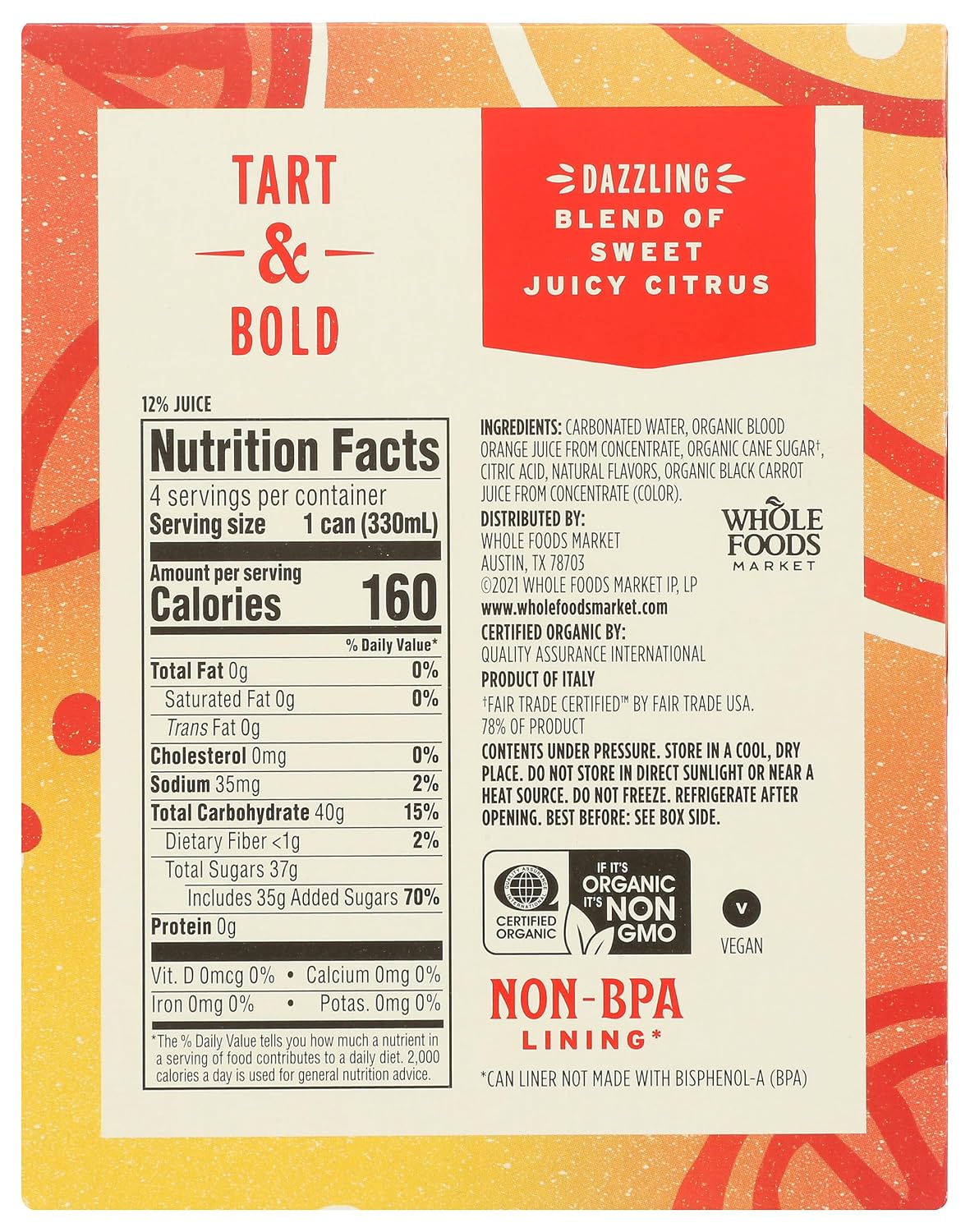 Whole Foods Market Blood Orange Italian Soda, 11.2 Fl Oz, 4 Pack | 4 Pack, Organic