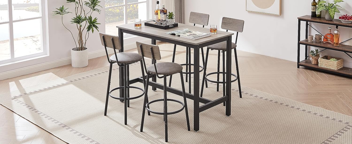 Bar Table Set with 4 Bar stools PU Soft seat with backrest, Grey, 47.24'' L x 23.62'' W x 35.43'' H