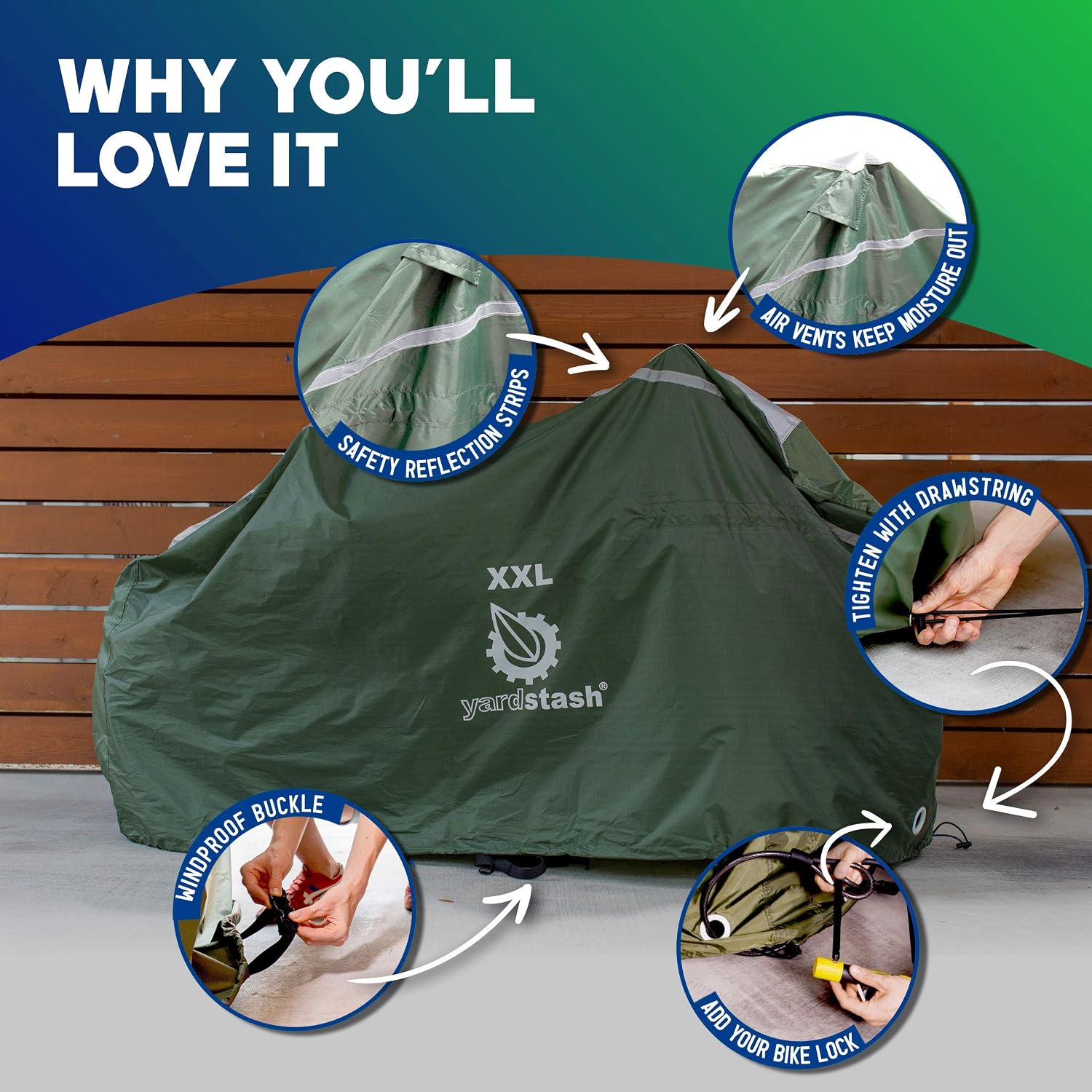 YardStash Bike Cover – XXL Reflective Bicycle Covers for Outside Storage - Waterproof & Weatherproof Garden Tarp Shelters for Bikes, Trikes, 29ers