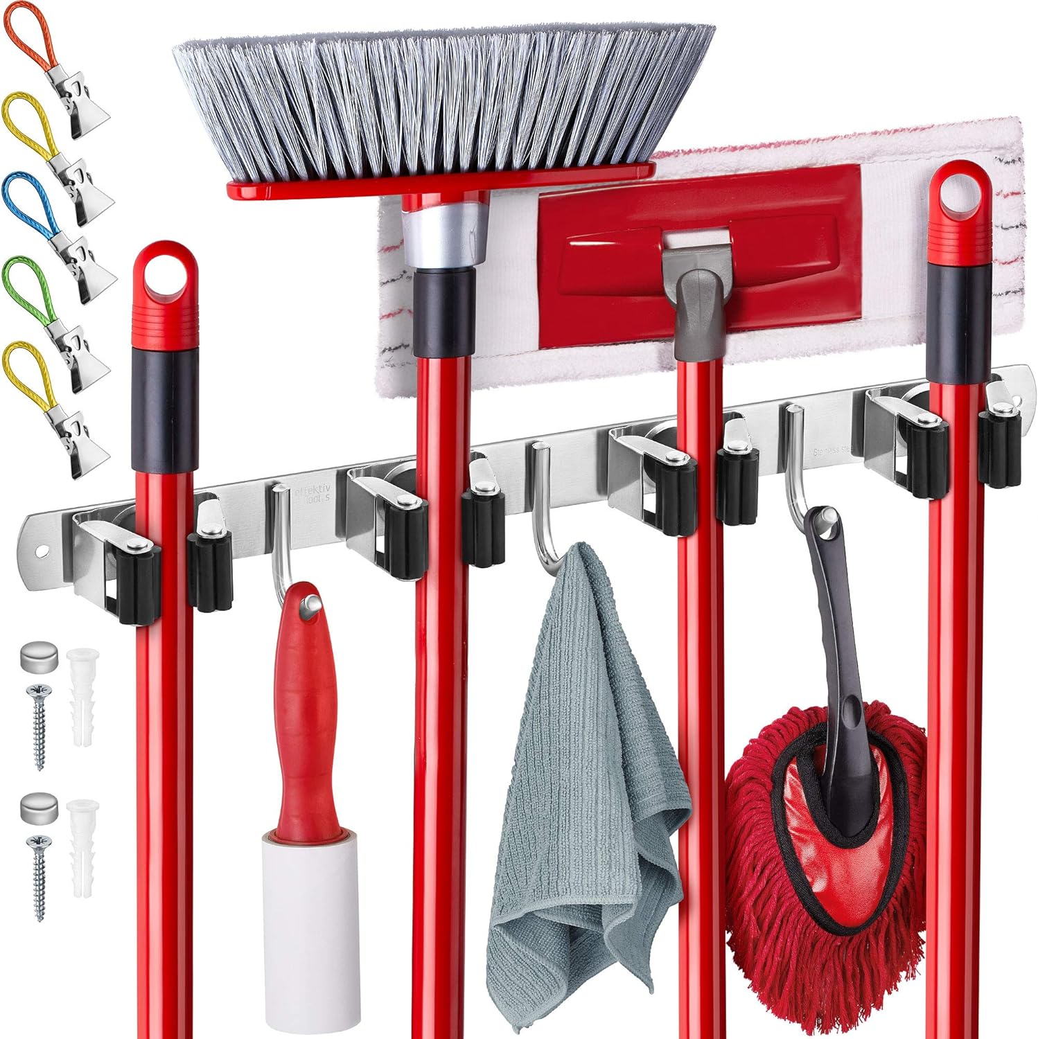 Wall Mount Hanger for Brooms & Mops - Adhesive Stainless Steel Mops & Broom Holder, 4 Clamps, 3 Hooks