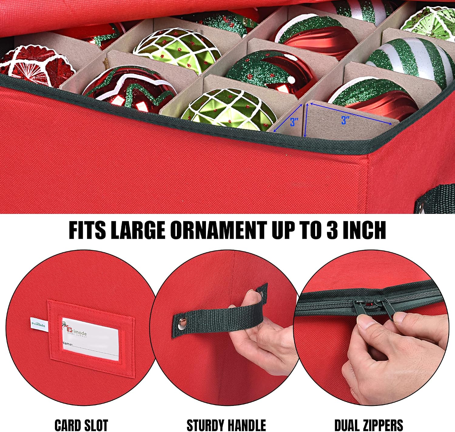 Christmas Ornament Storage Box, 4 Individual Trays Xmas Storage Container, Fits 64 Ornaments Decoration Balls, Constructed of Durable Polyester Material (Red)