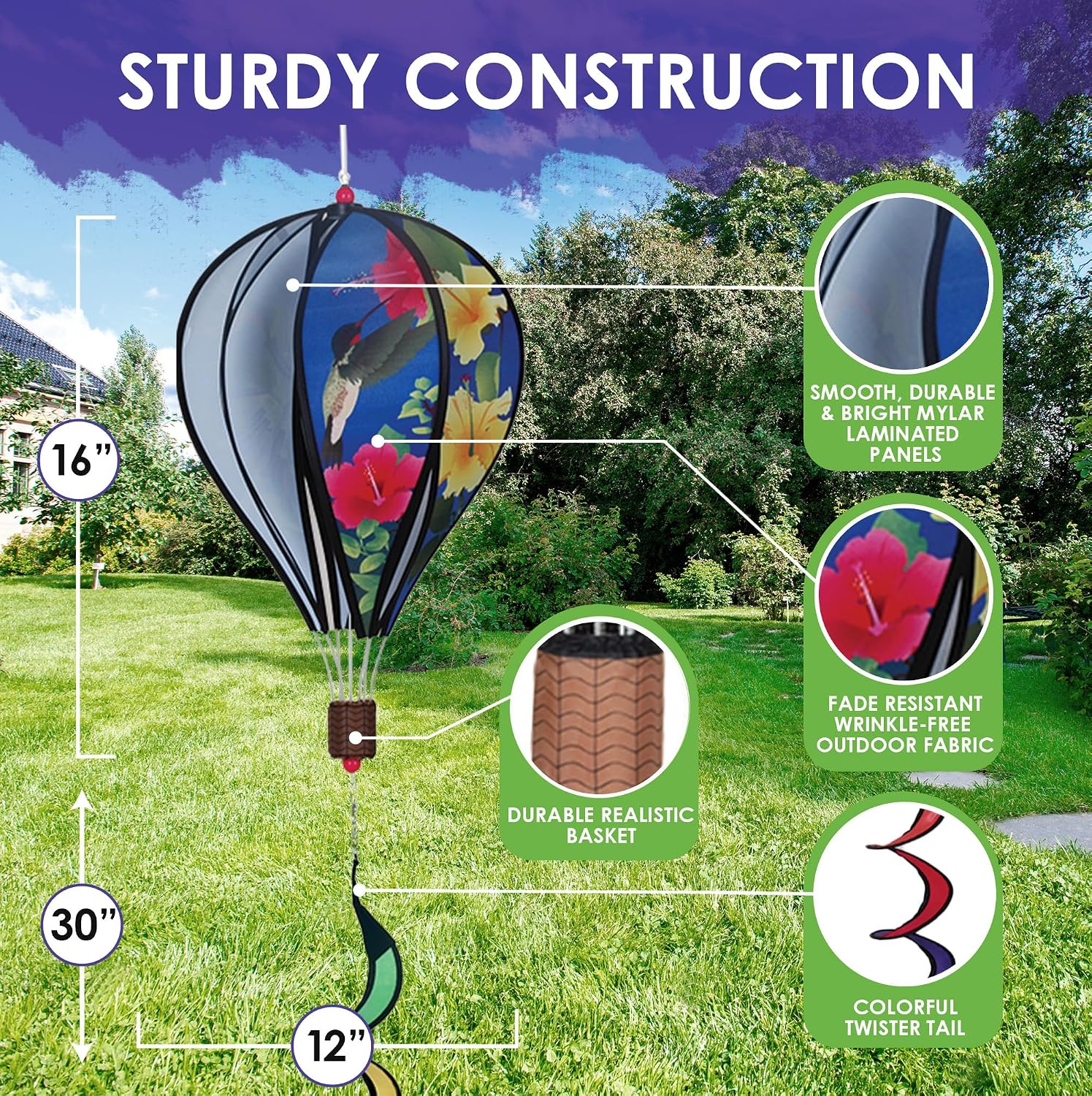 Hot Air Balloon Hanging Garden Spinner 16" - Vibrant Patriotic Design, Weather-Resistant Outdoor Decor, Durable & Lightweight for Patios, Yards, and Gardens - Eye-Catching Wind Spinner