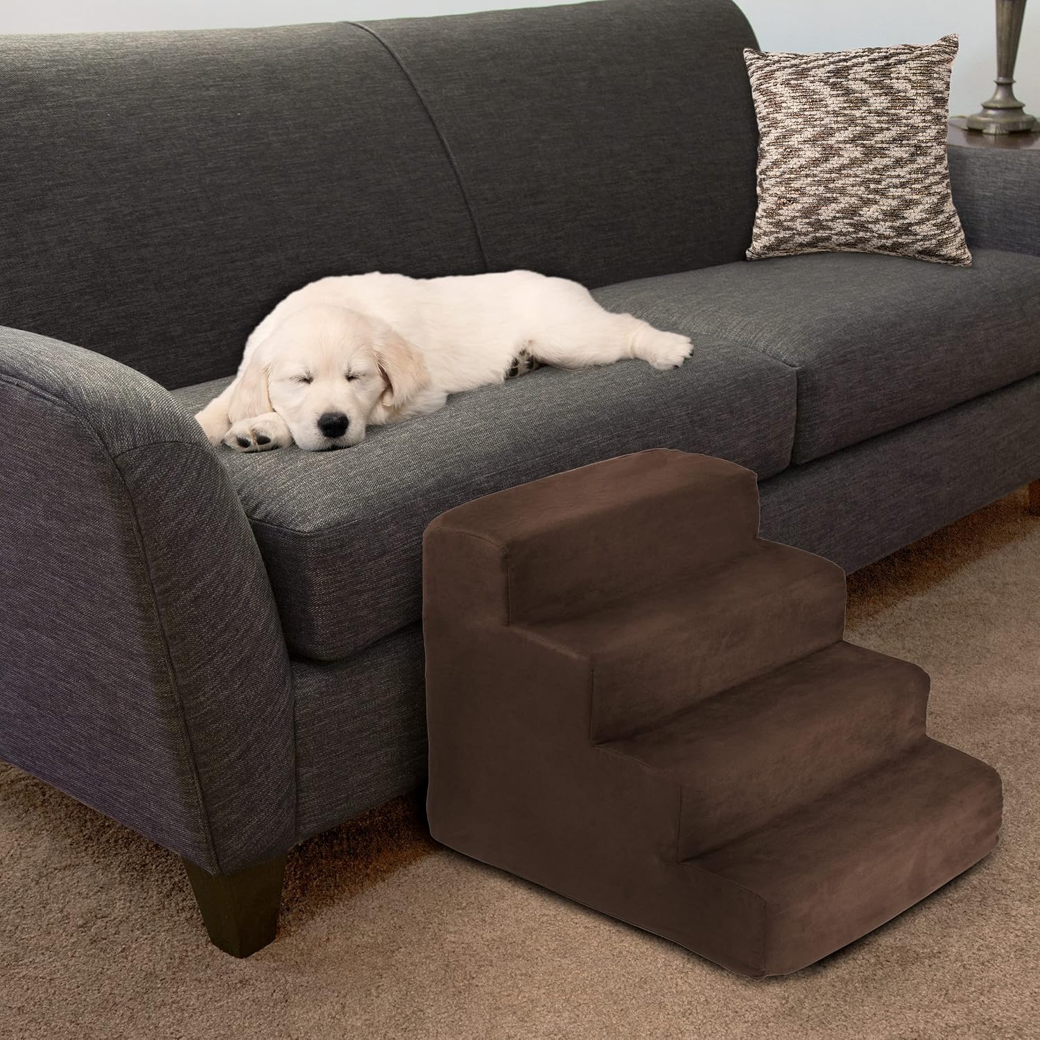 3-Step Pet Stairs - Nonslip Foam Dog and Cat Steps with Removable Zippered Microfiber Cover - 2-Tone Design for Home or Vehicle Use by PETMAKER (Tan) | 3-Step Pet Steps for High Bed and Couch - Pet Stairs with Nonslip Bottom, High-Density Foam, and Remov…