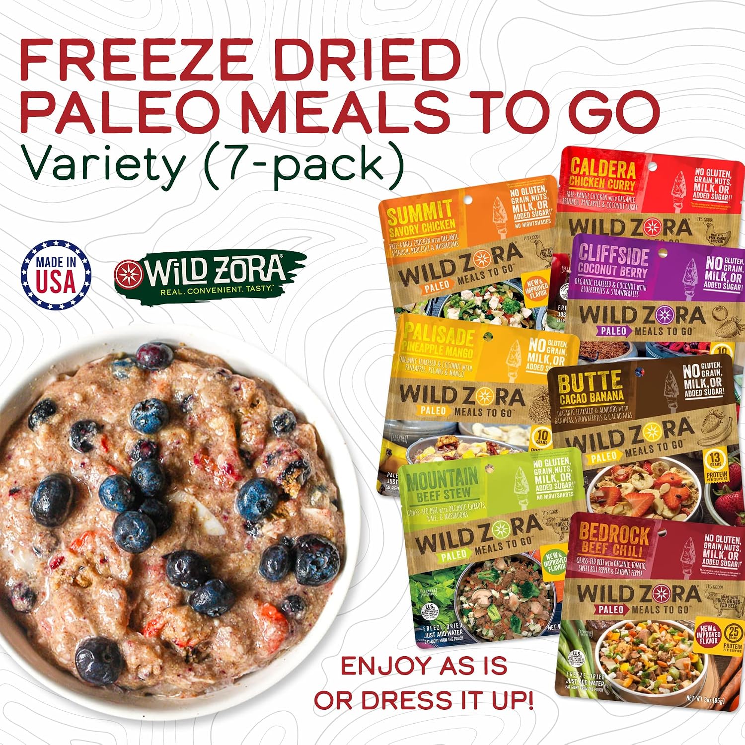 Wild Zora Paleo Freeze Dried Meals for Backpacking & Camping - Healthy Gluten Free & Grain Free Camping Meals/Backpacking Food + No Added Sugar - Great for Travel (Cliffside Coconut Berry 2-Pack)